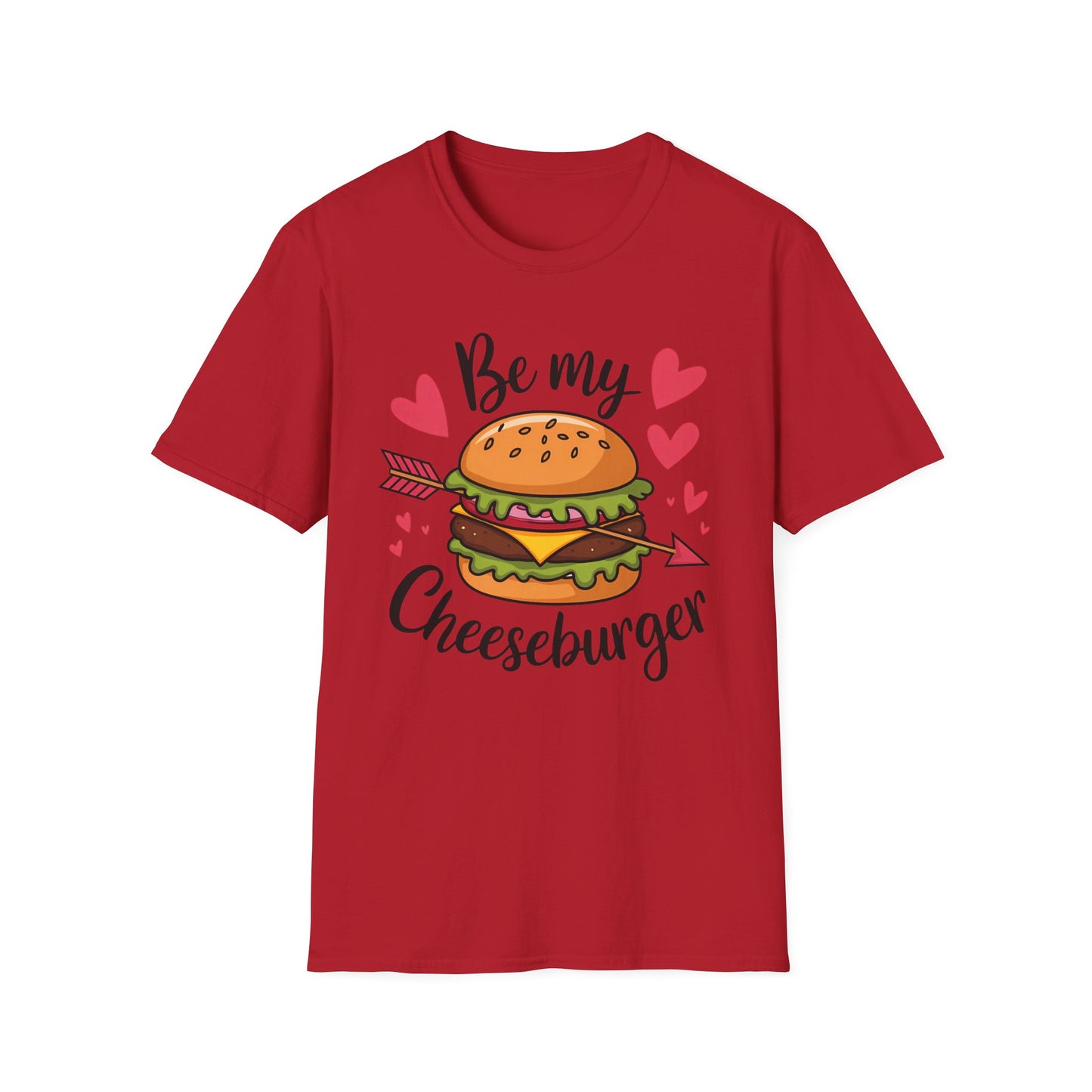 Be My chesseburger Valentine shirt featuring cheeseburger with an arrow red