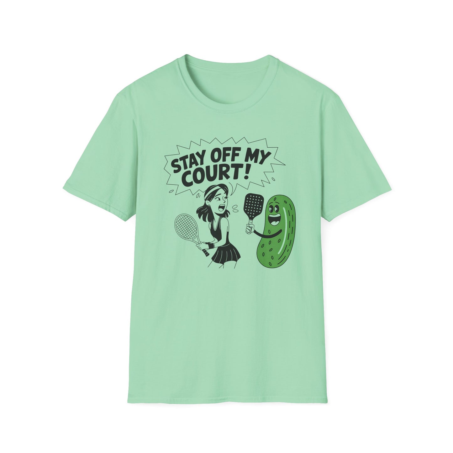 Stay off my court funny green t shirt featuring female tennis player yelling at a pickle ith a pickle raquet
