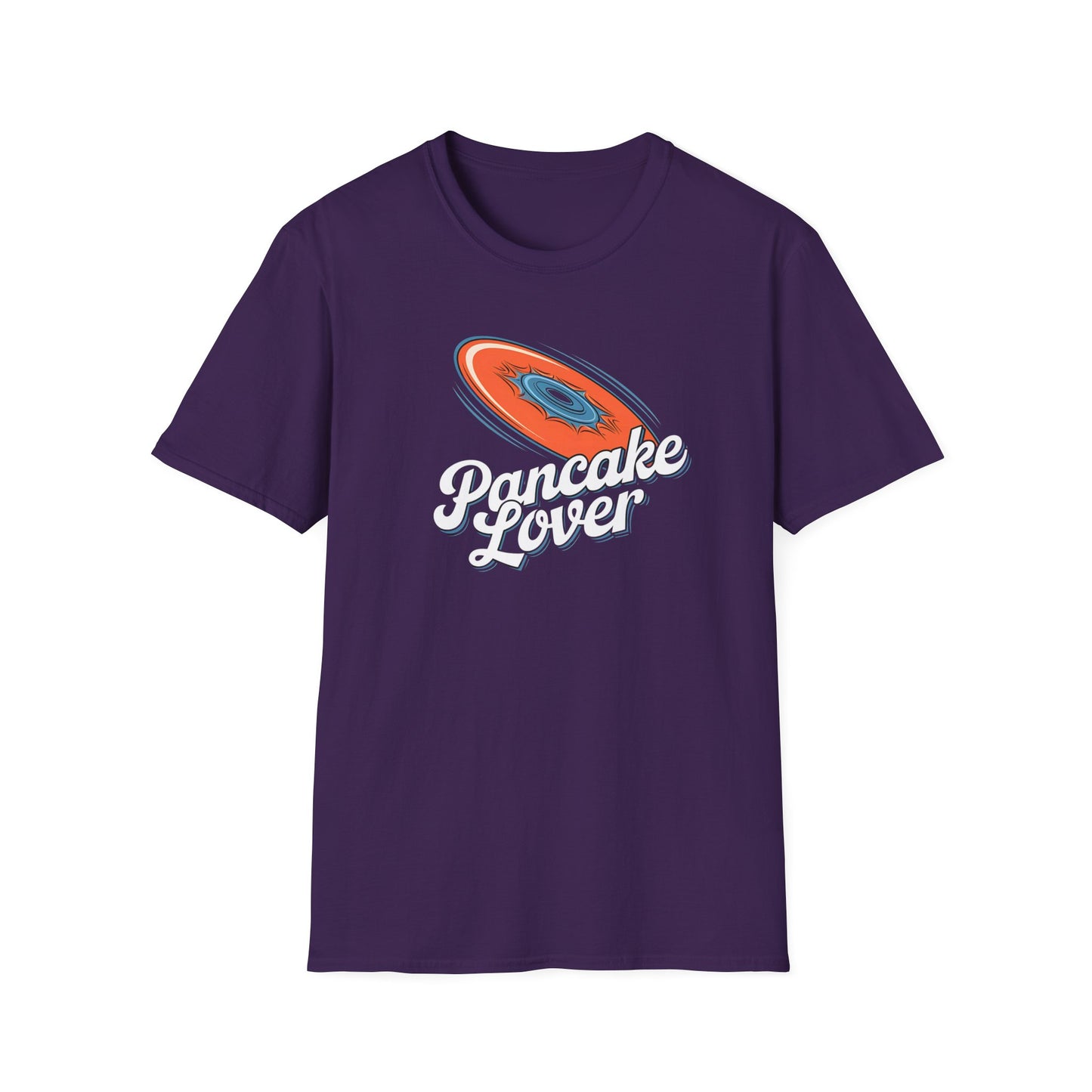 Pancake Lover Ultimate frisbee purple shirt featuring a flying pancake in retro design lettering