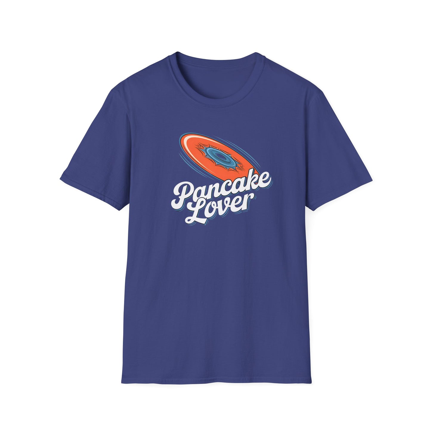 Pancake Lover Ultimate frisbee blue shirt featuring a flying pancake in retro design lettering