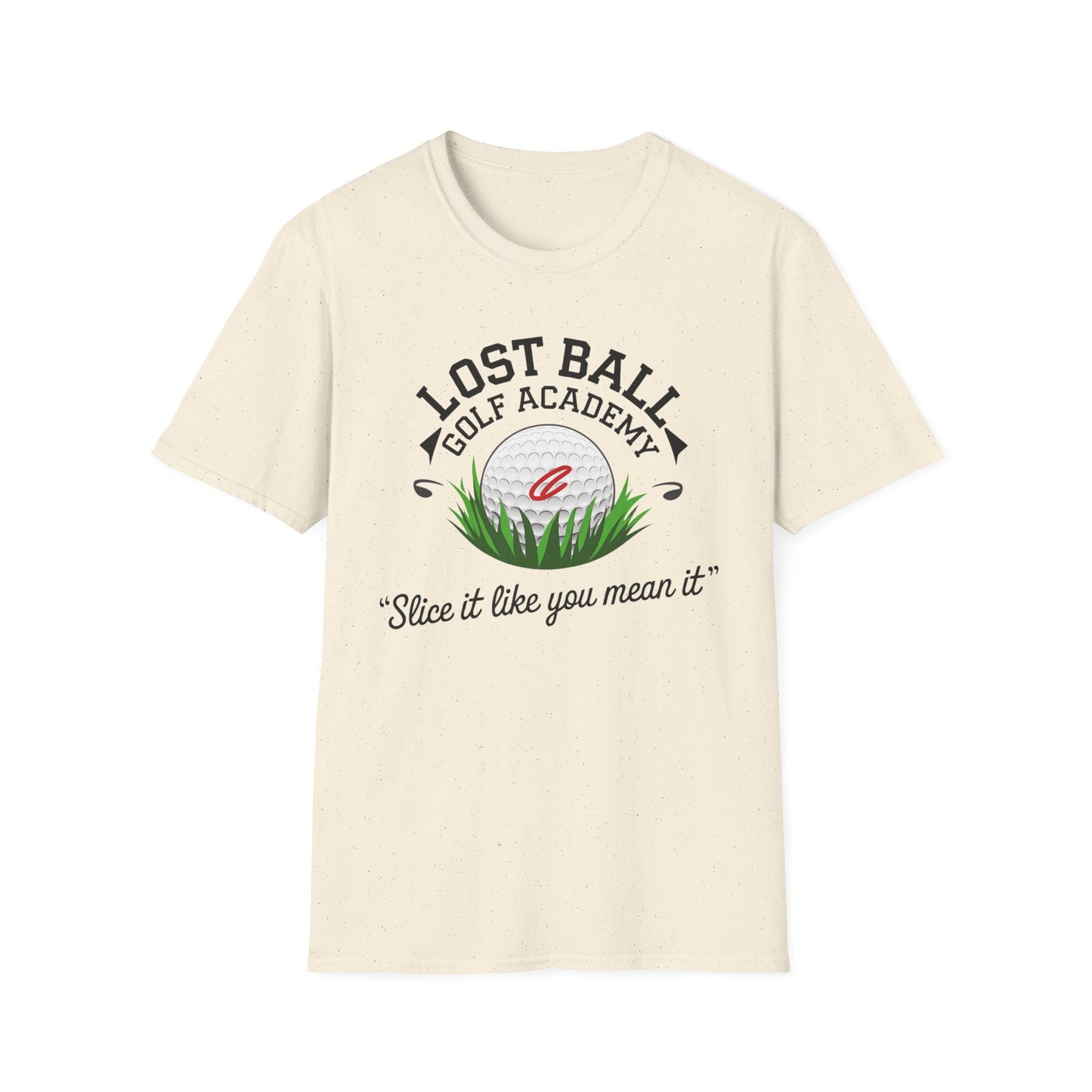 Lost Ball Golf Acacemy "Slice it like you mean it" t shirt featuring lost ball in the grass.