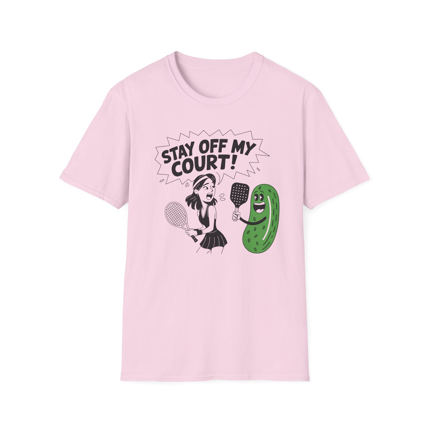 Stay off my court funny t shirt featuring female tennis player yelling at a pickle ith a pickle raquet