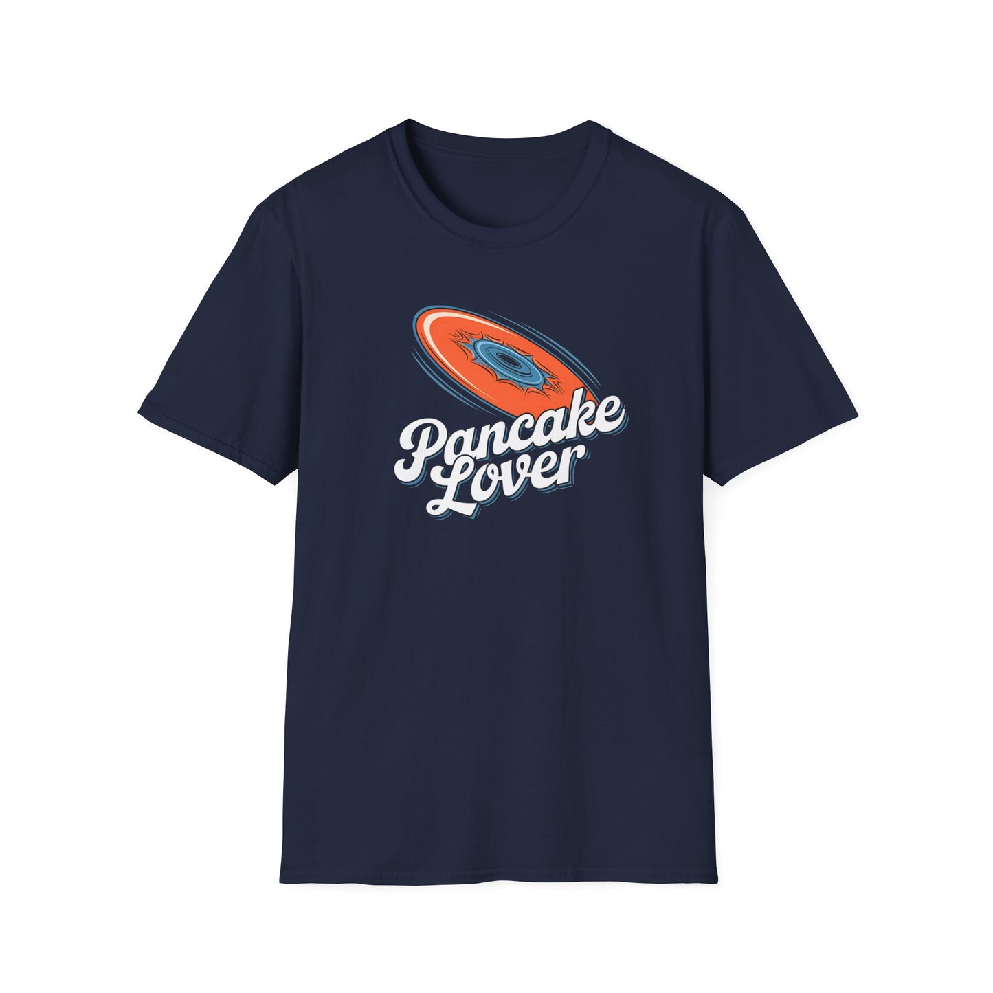 Pancake Lover Ultimate frisbee dark lue shirt featuring a flying pancake in retro design lettering