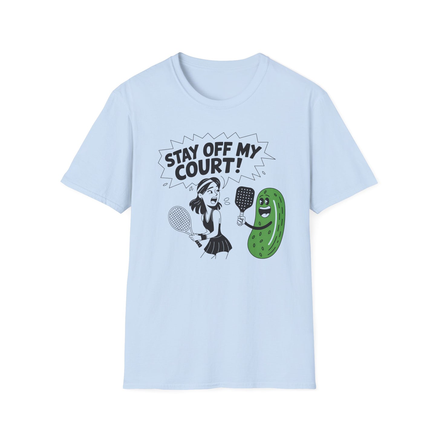 Stay off my court funny blue t shirt featuring female tennis player yelling at a pickle ith a pickle raquet