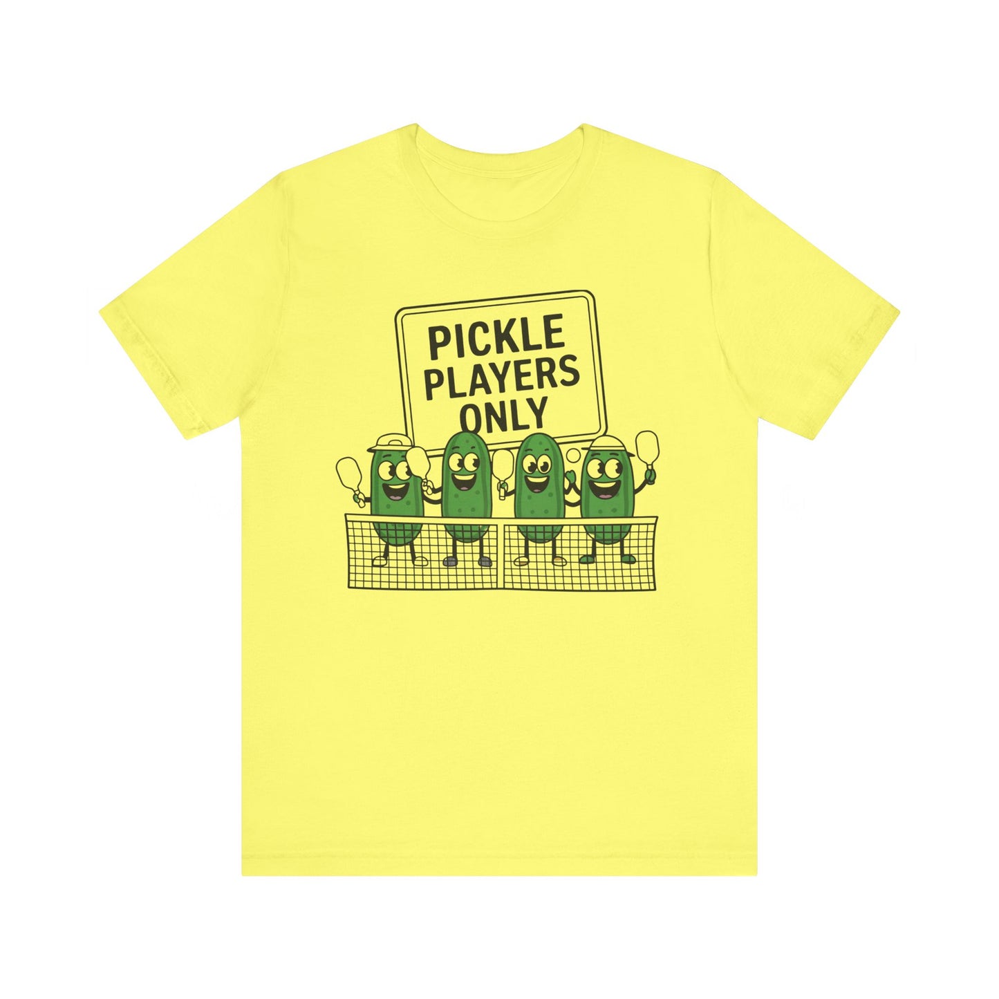Pickle Players Only Shirt featuring a row of smiling pickles holding pickleball raquets behind a net