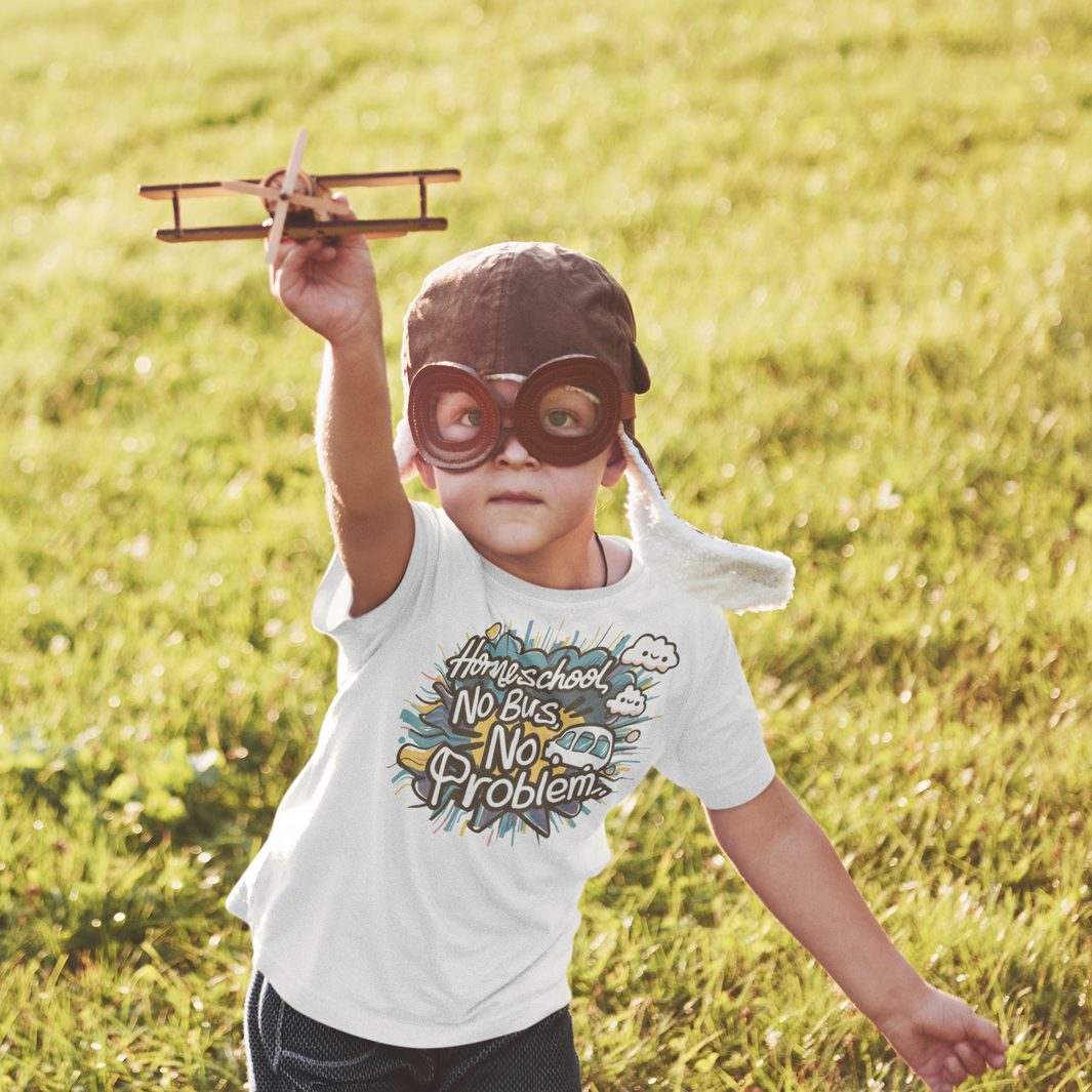 a boy wearing goggles flying an model airplane wearing a shirt reading homeschool, no bus, no problem