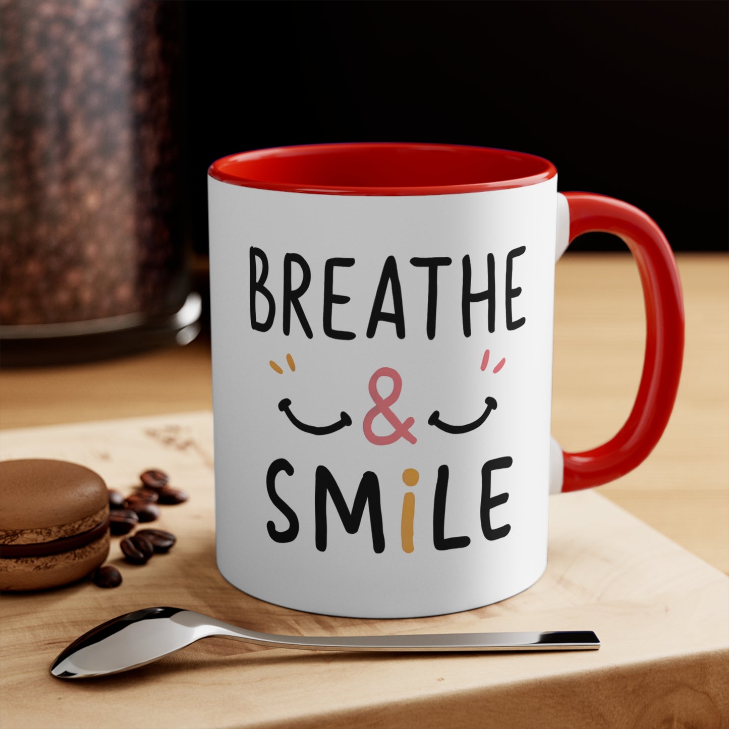 coffee mug with caption of Breathe & Smile happy smile there are two adjoining smiley faces