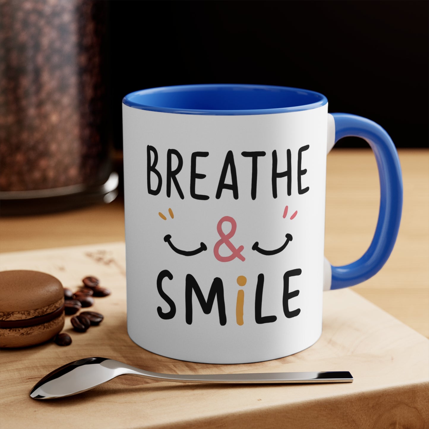 coffee mug with caption of Breathe & Smile happy smile there are two adjoining smiley faces