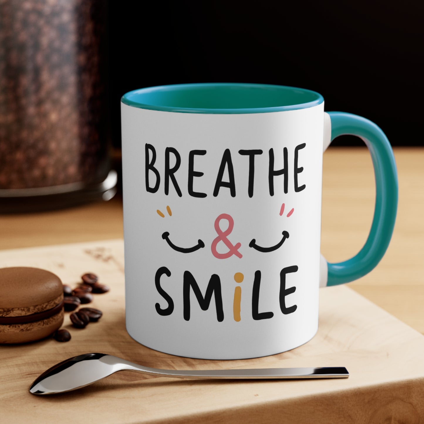 coffee mug with caption of Breathe & Smile happy smile there are two adjoining smiley faces