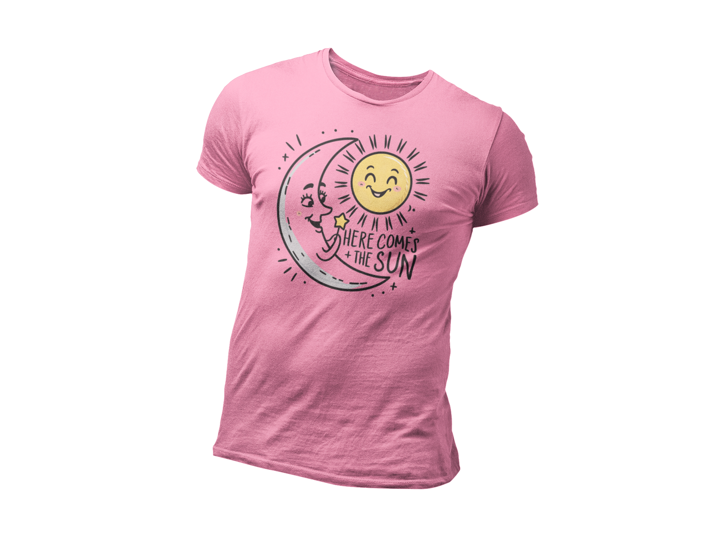 a t shirt of the moon greeting  the smiling sun with the caption Here Come The Sun