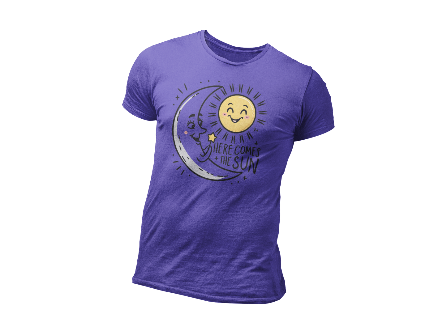 a purple t shirt of the moon greeting  the smiling sun with the caption Here Come The Sun