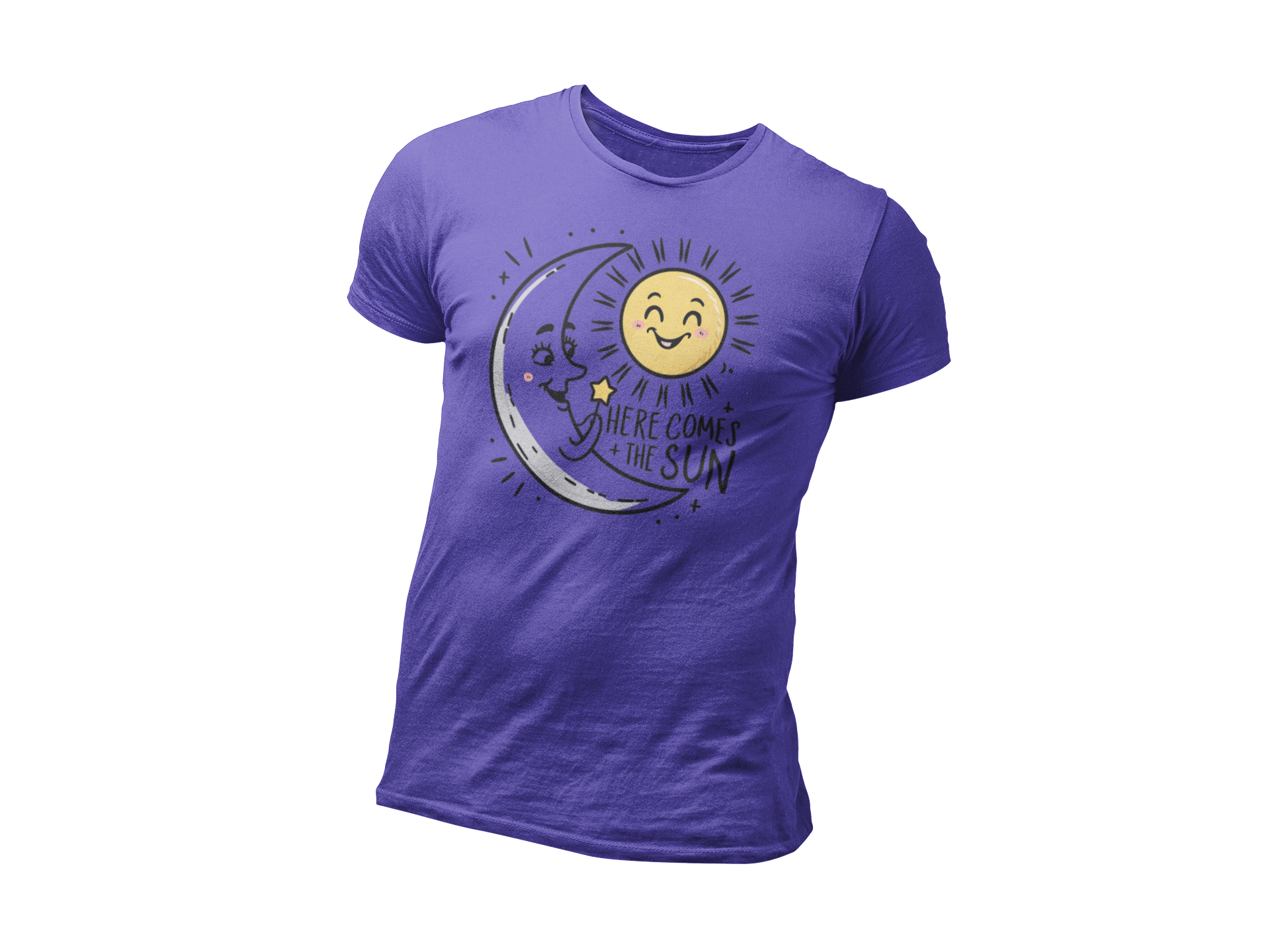 a purple t shirt of the moon greeting  the smiling sun with the caption Here Come The Sun
