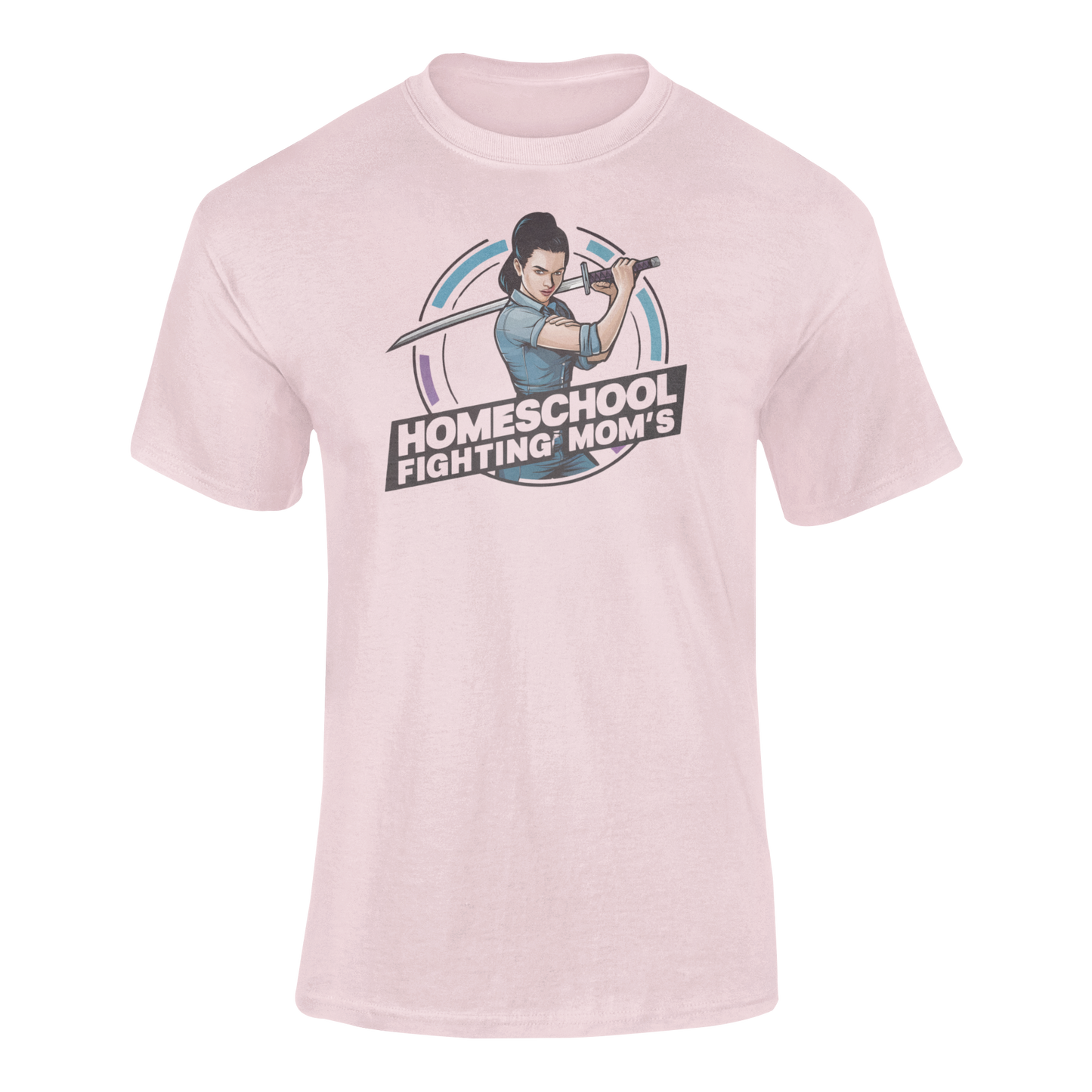 a modern woman brandishing a sword with the pink  logo Homeschool Fighing Mom's