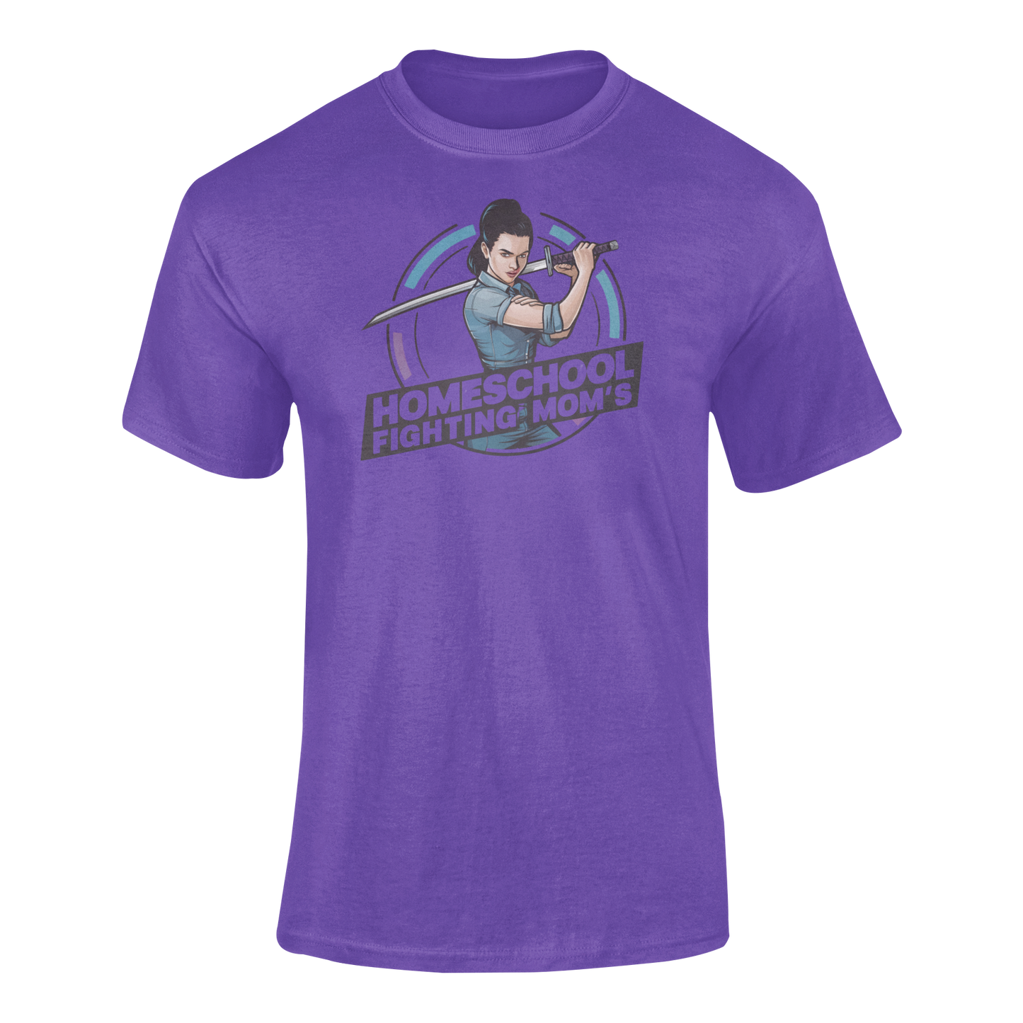 a modern woman brandishing a sword with the purple logo Homeschool Fighing Mom's