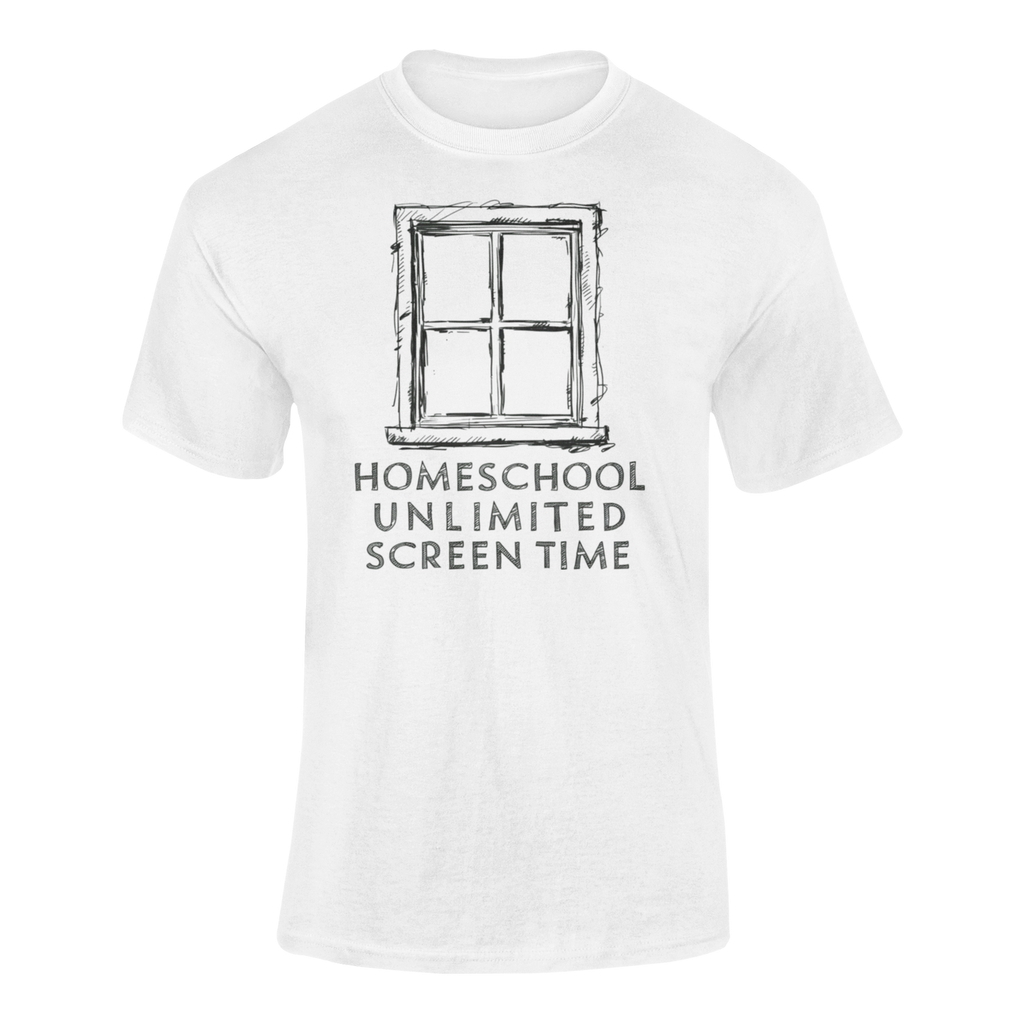 a white shirt with a frame of window with the words Homeschool Unlimited Screen Time
