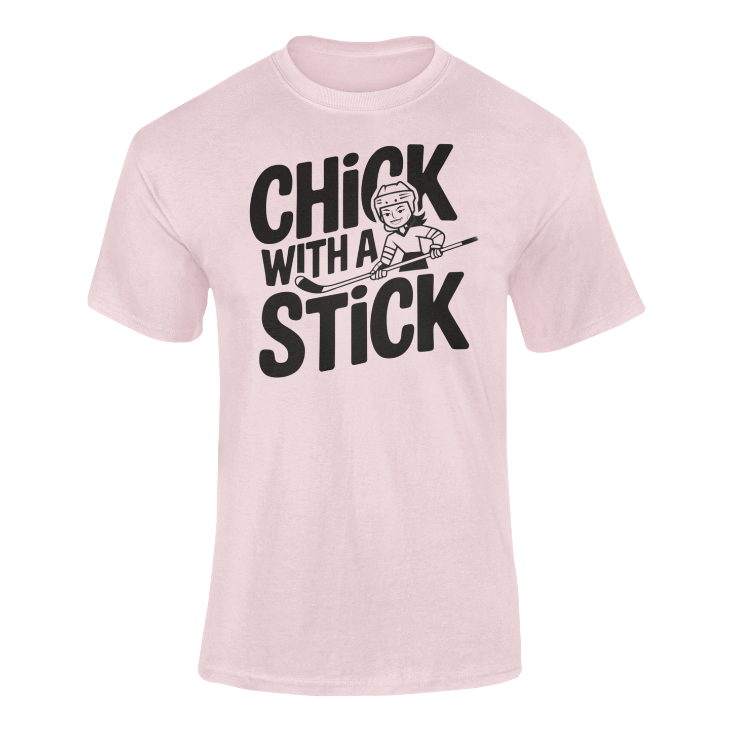 a t shirt of girl holding a hockey stick with the caption Chick With A Stick