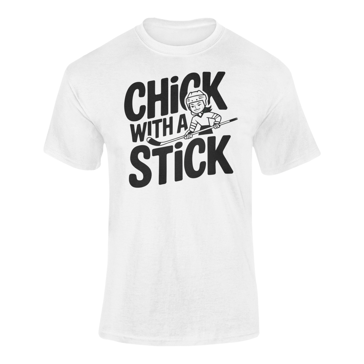 a girl holding a hockey stick with the caption Chick With A Stick