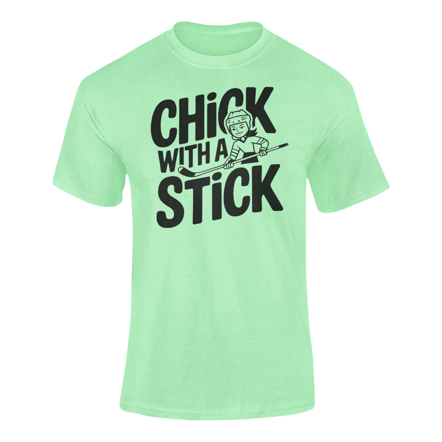 a mint t shirt of girl holding a hockey stick with the caption Chick With A Stick