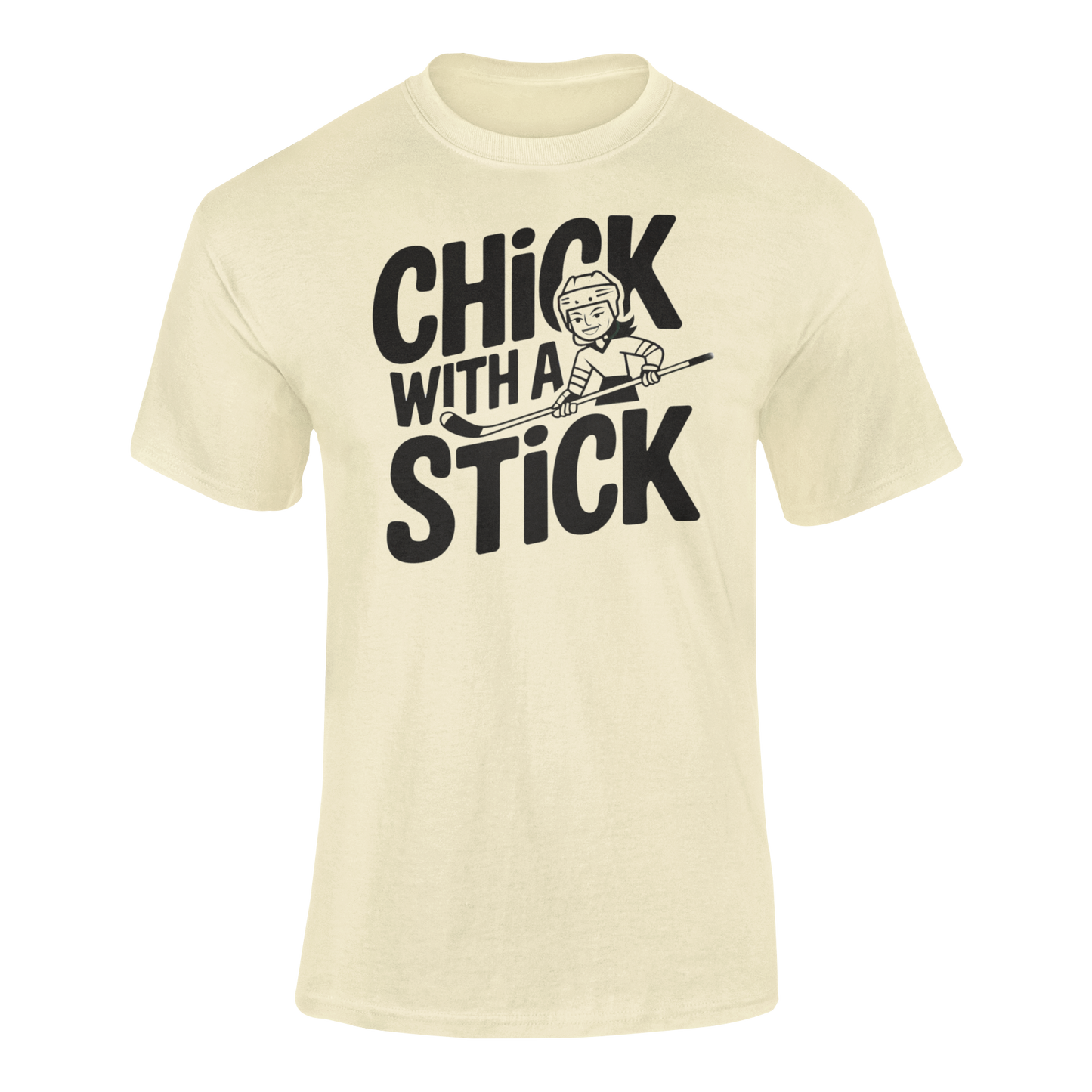 a tan t shirt of girl holding a hockey stick with the caption Chick With A Stick