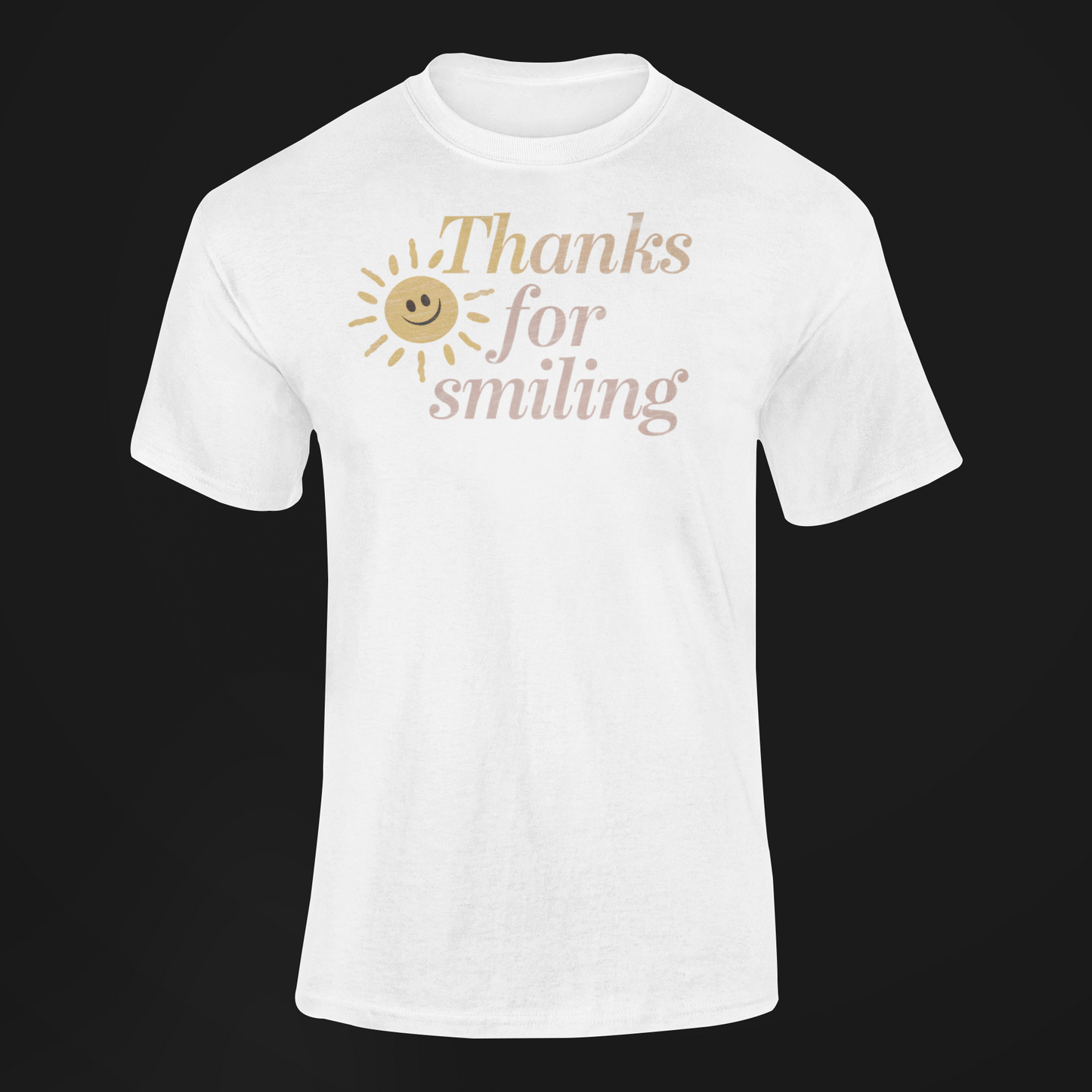 A unisex t-shirt with a smiling sun and the slogan Thanks For Smiling