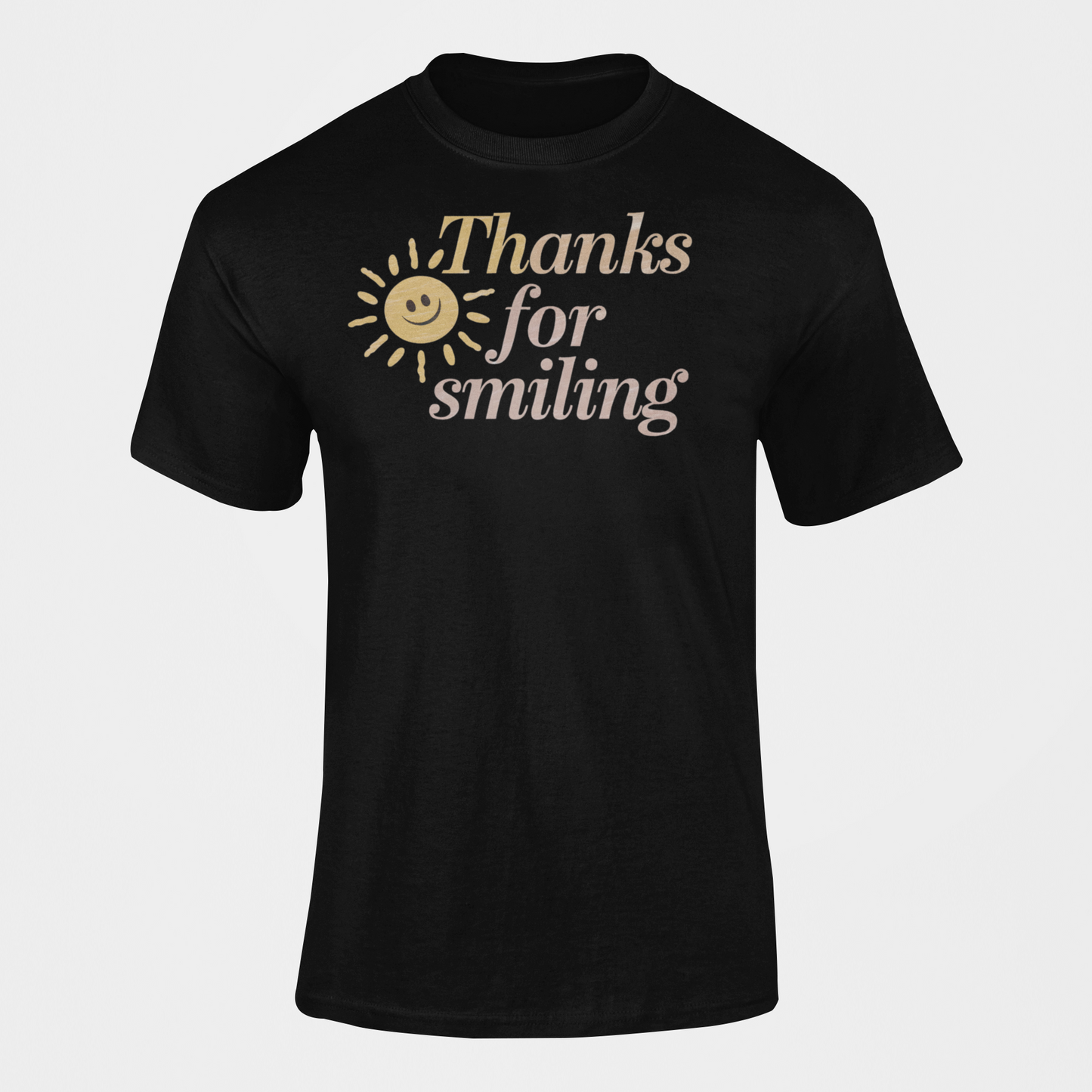 A unisex t-shirt with a smiling sun and the slogan Thanks For Smiling