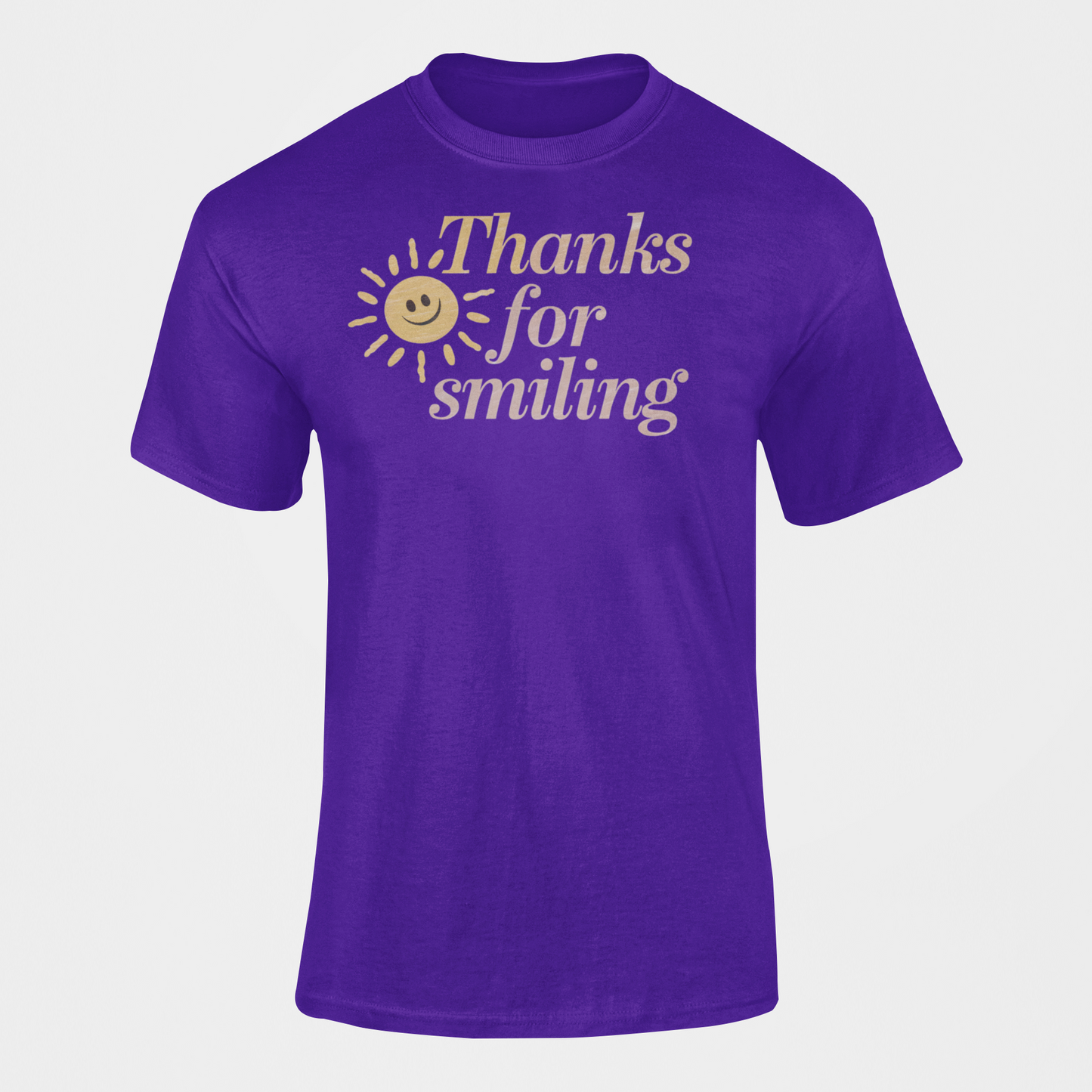 A unisex t-shirt with a smiling sun and the slogan Thanks For Smiling