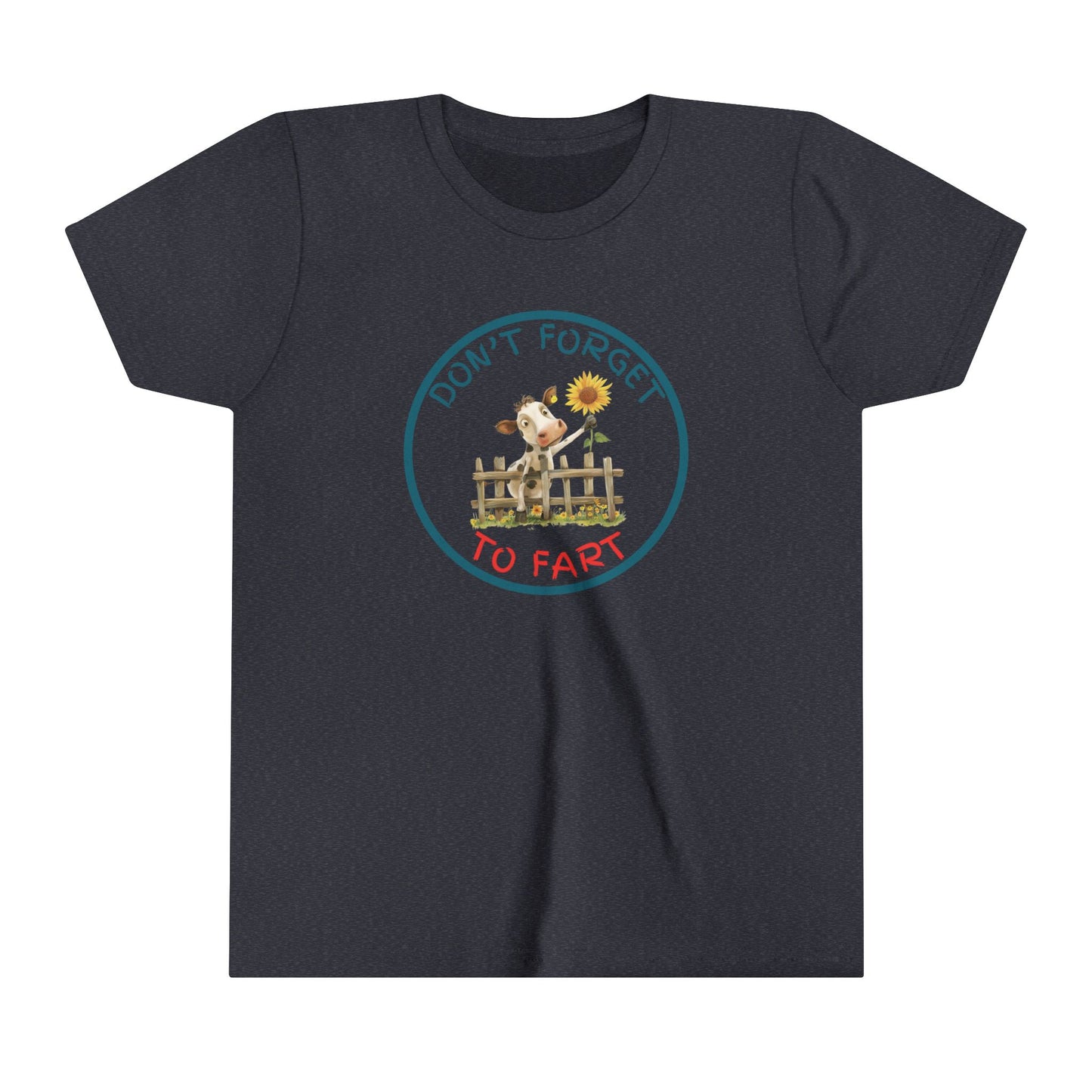 a funny t shirt with a cow leaning against a fence wearing a shirt with the motto Don't Forget To Fartt To Fart. A cow leans over a fence with a flower