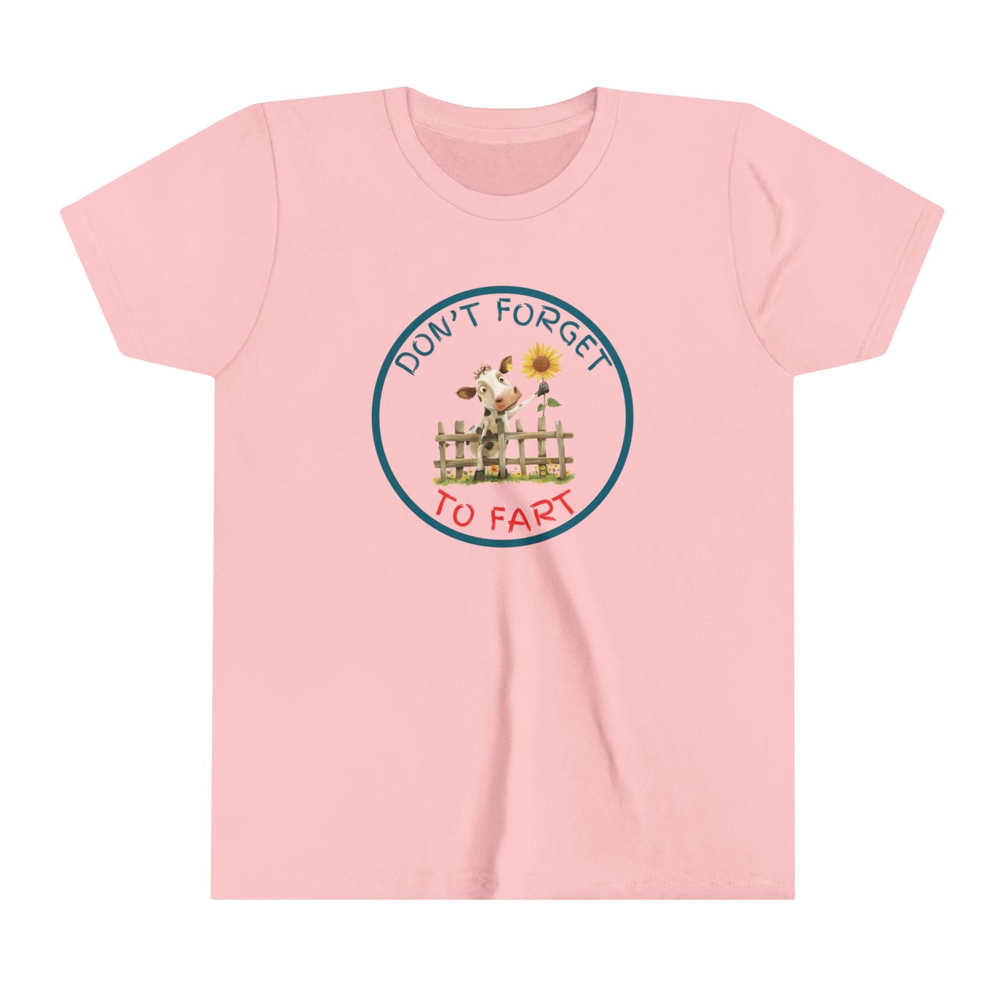a funny t shirt with a cow leaning against a fence wearing a shirt with the motto Don't Forget To Fartt To Fart. A cow leans over a fence with a flower