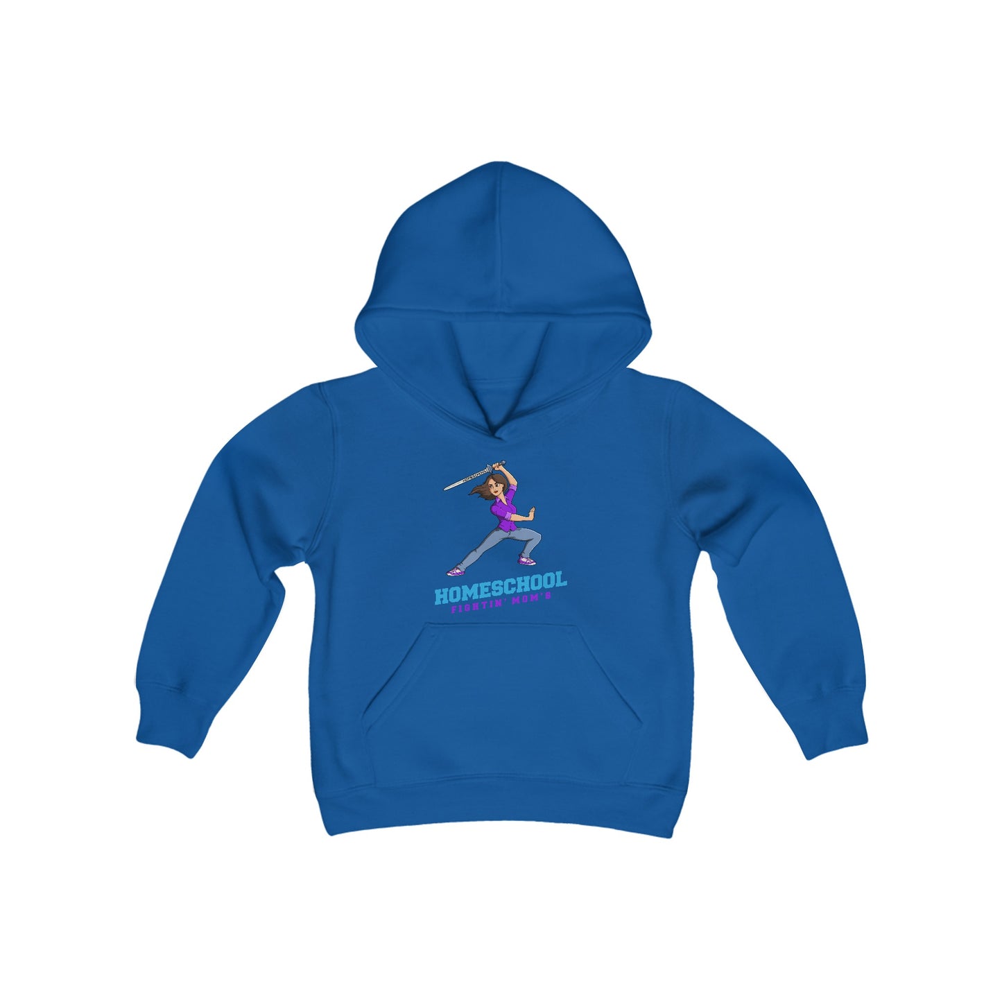 a blue hoodie with the slogan homeschool fighitin mom's a cartoon of a young woman with cleverly branding a sword
