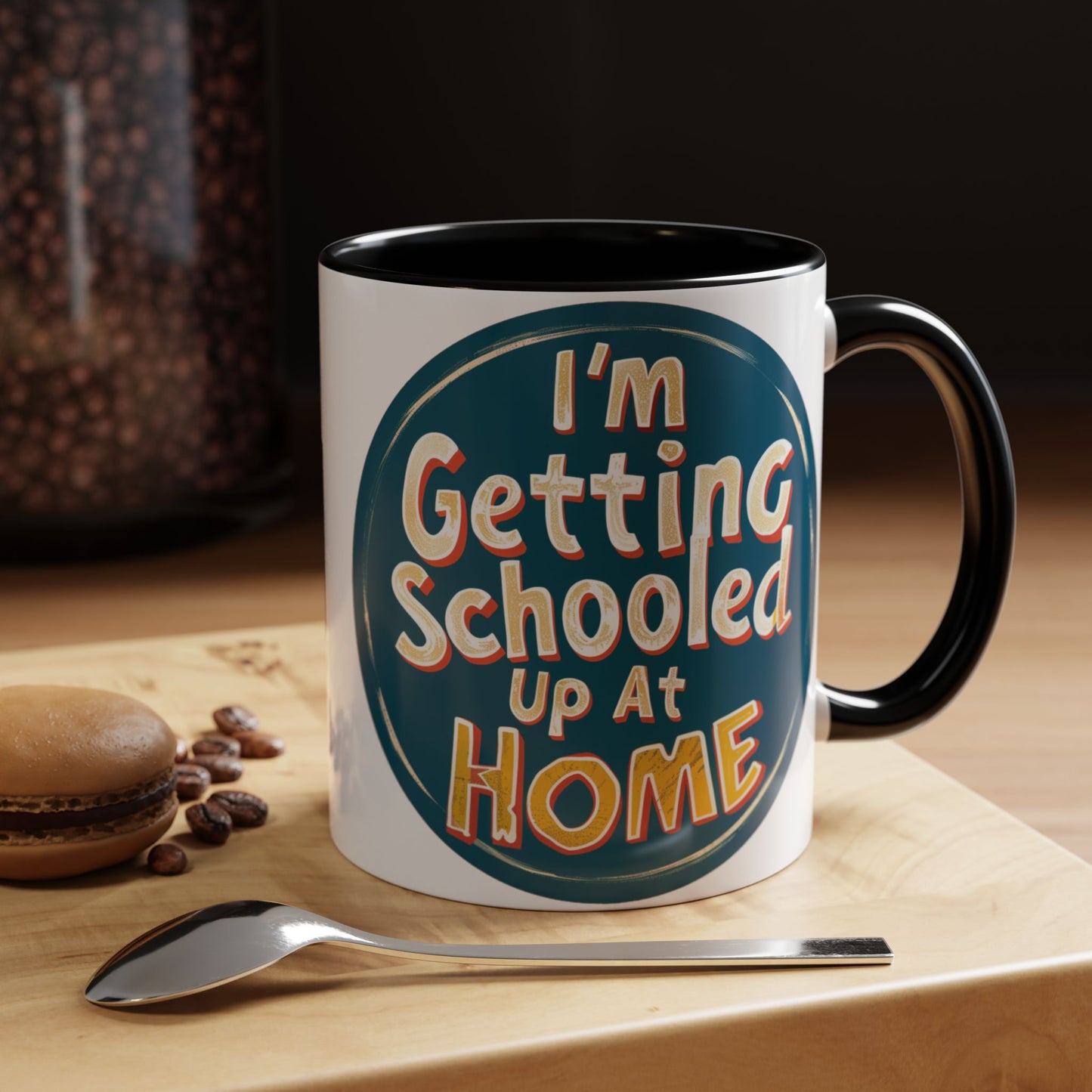 a mug on a cutting board. The mug is captioned with the words I'm Getting Schooled Up At Home