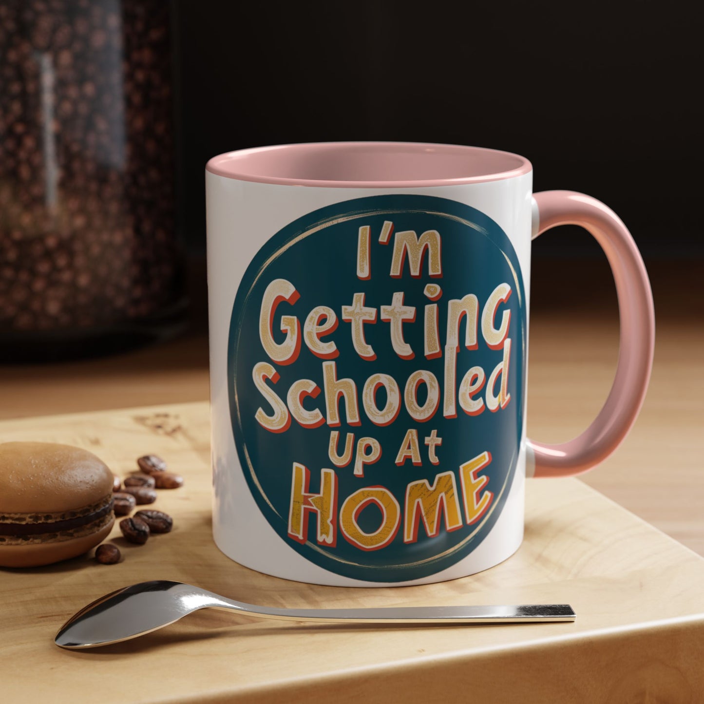 a mug on a cutting board. The mug is captioned with the words I'm Getting Schooled Up At Home