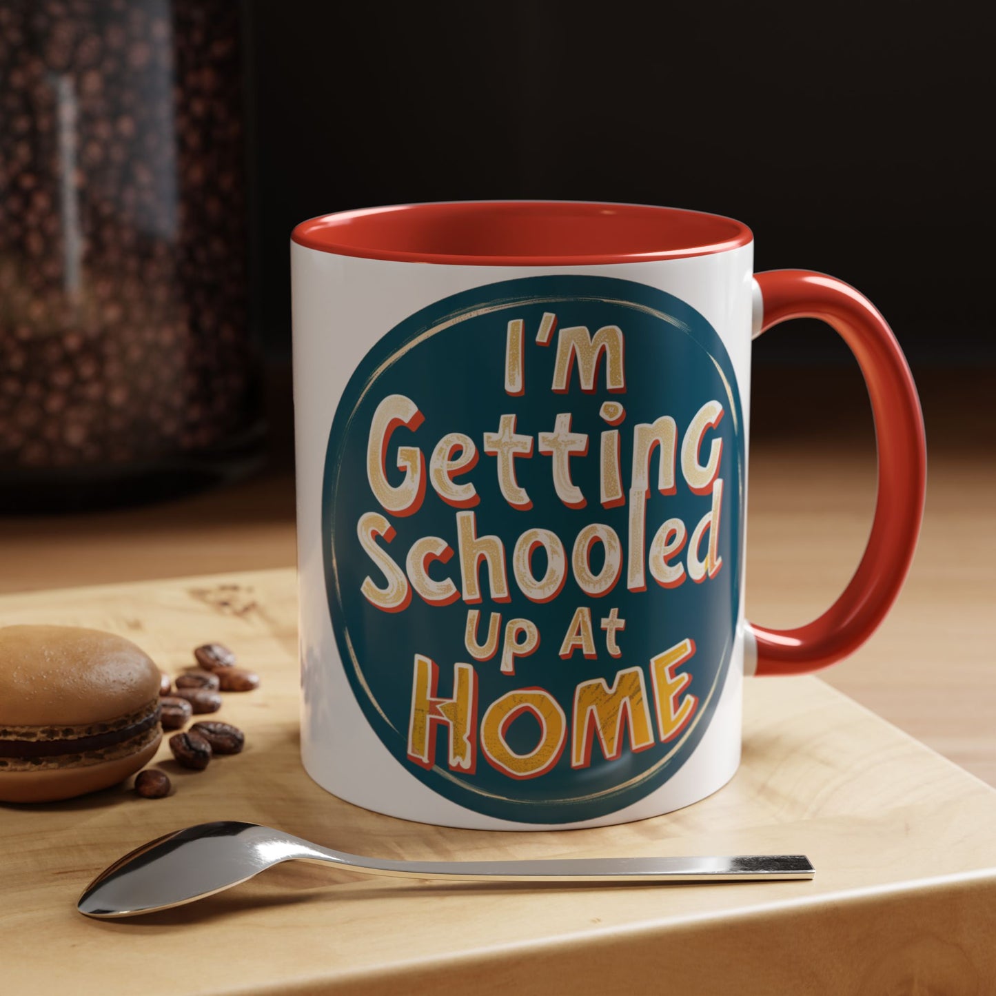 a mug on a cutting board. The mug is captioned with the words I'm Getting Schooled Up At Home