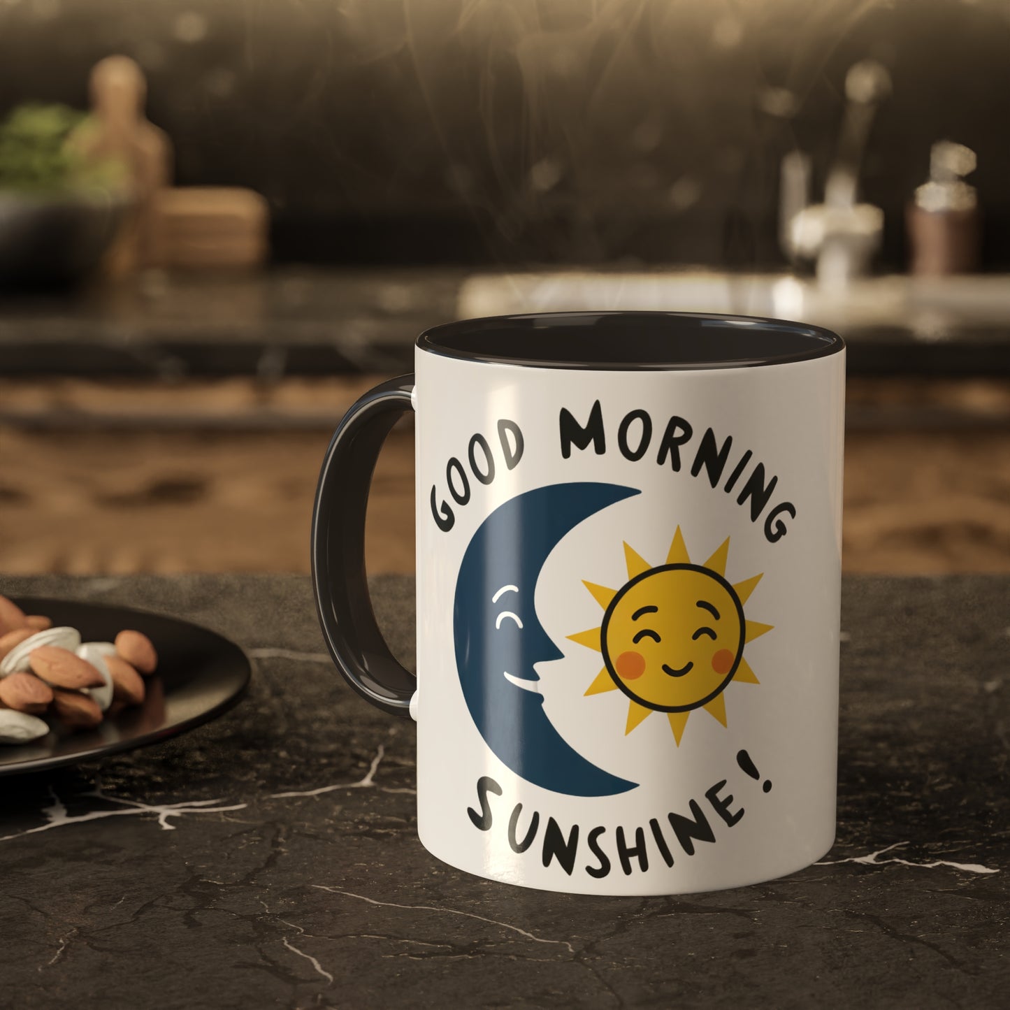 the Moon happily greets the morning sun with the slogan good morning sunshine