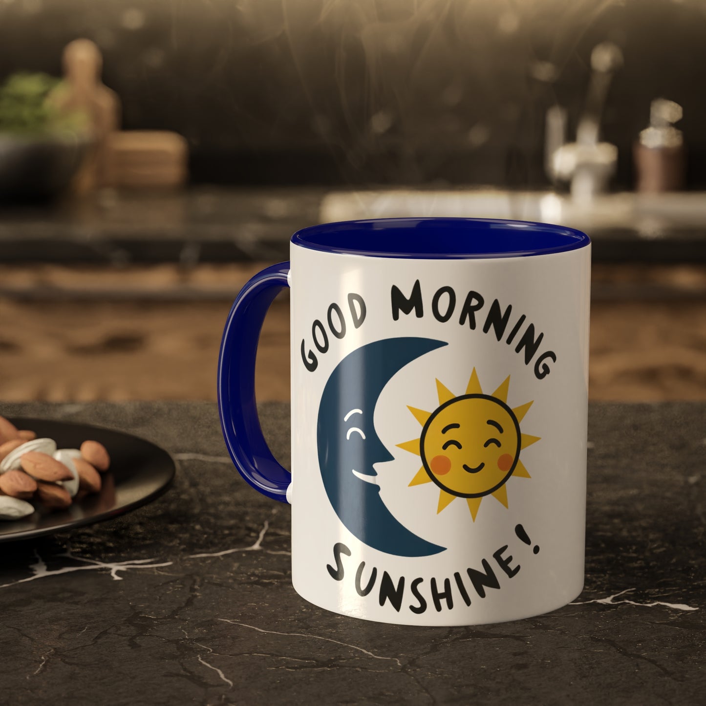 the Moon happily greets the morning sun with the slogan good morning sunshine