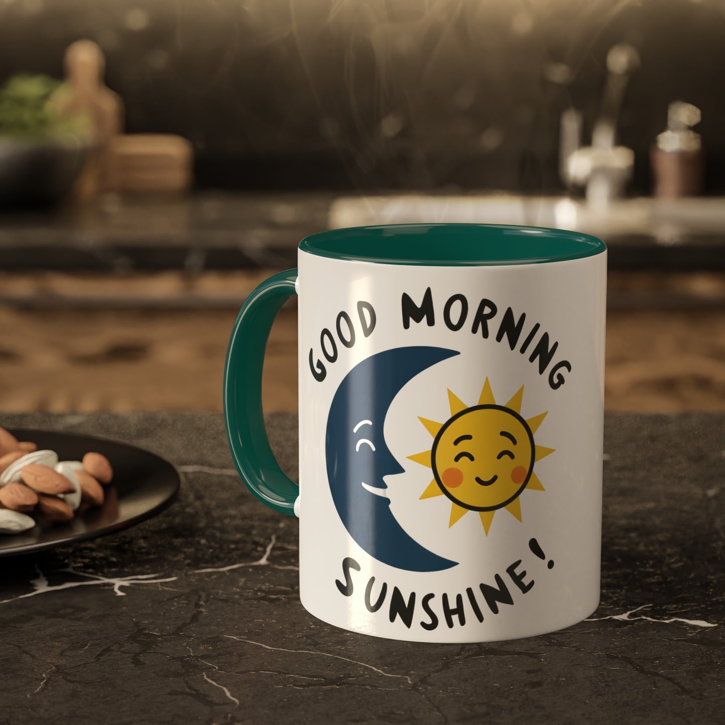 the Moon happily greets the morning sun with the slogan good morning sunshine