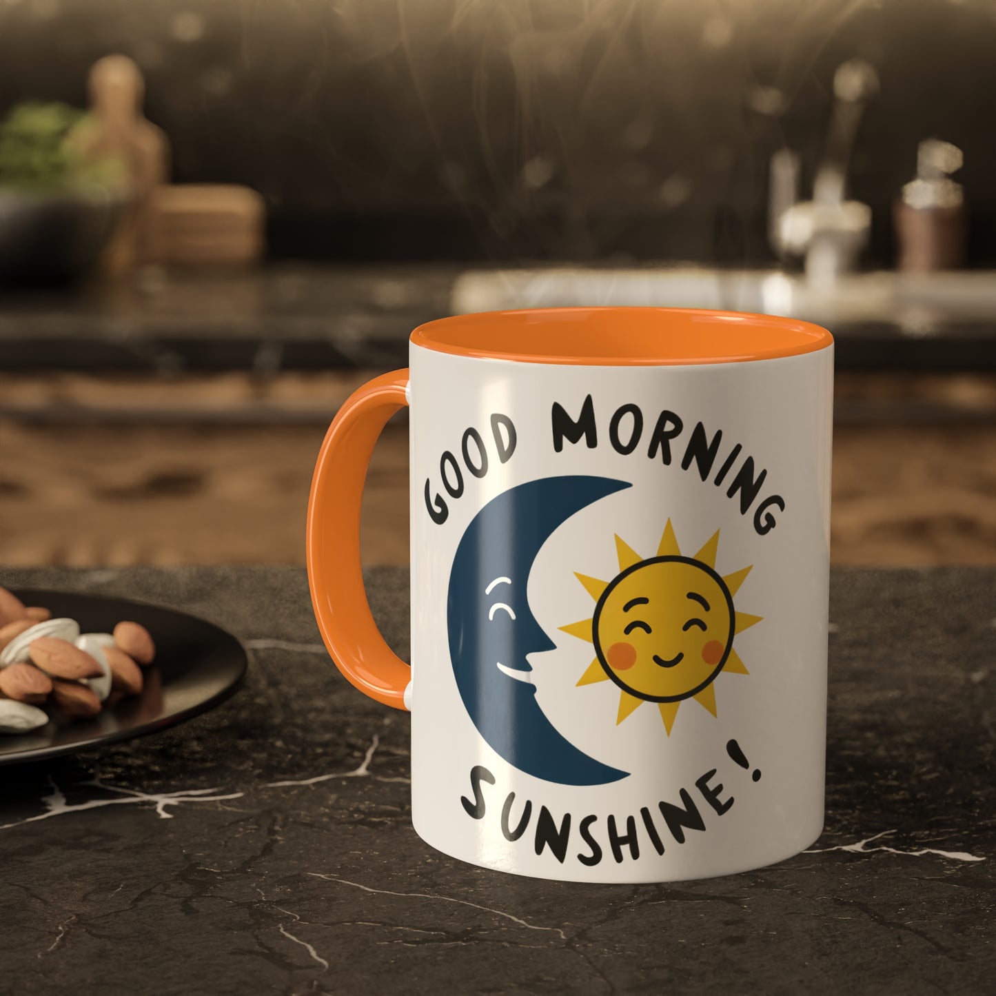 the Moon happily greets the morning sun with the slogan good morning sunshine