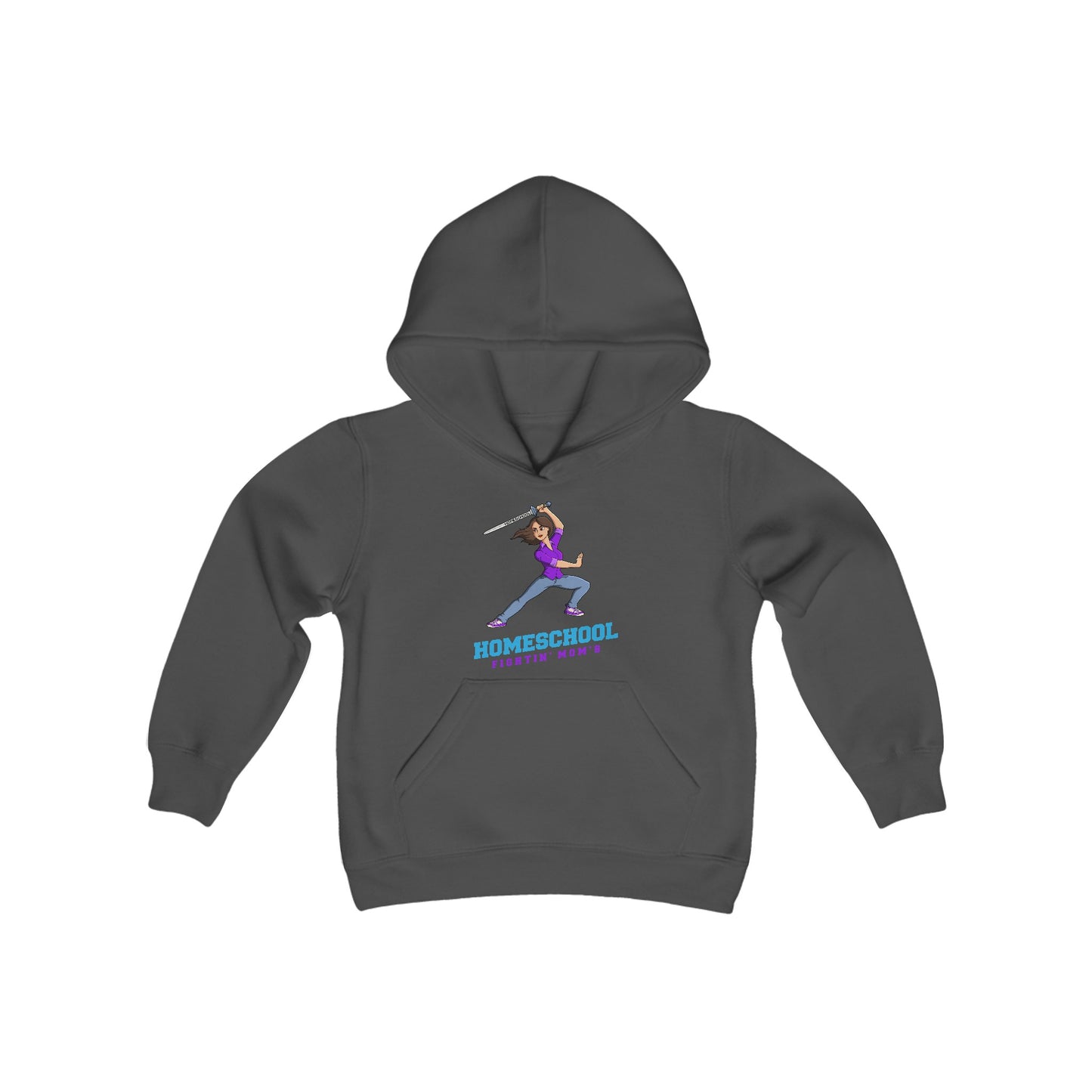 a dark grey hoodie with the slogan homeschool fighitin mom's a cartoon of a young woman with cleverly branding a sword