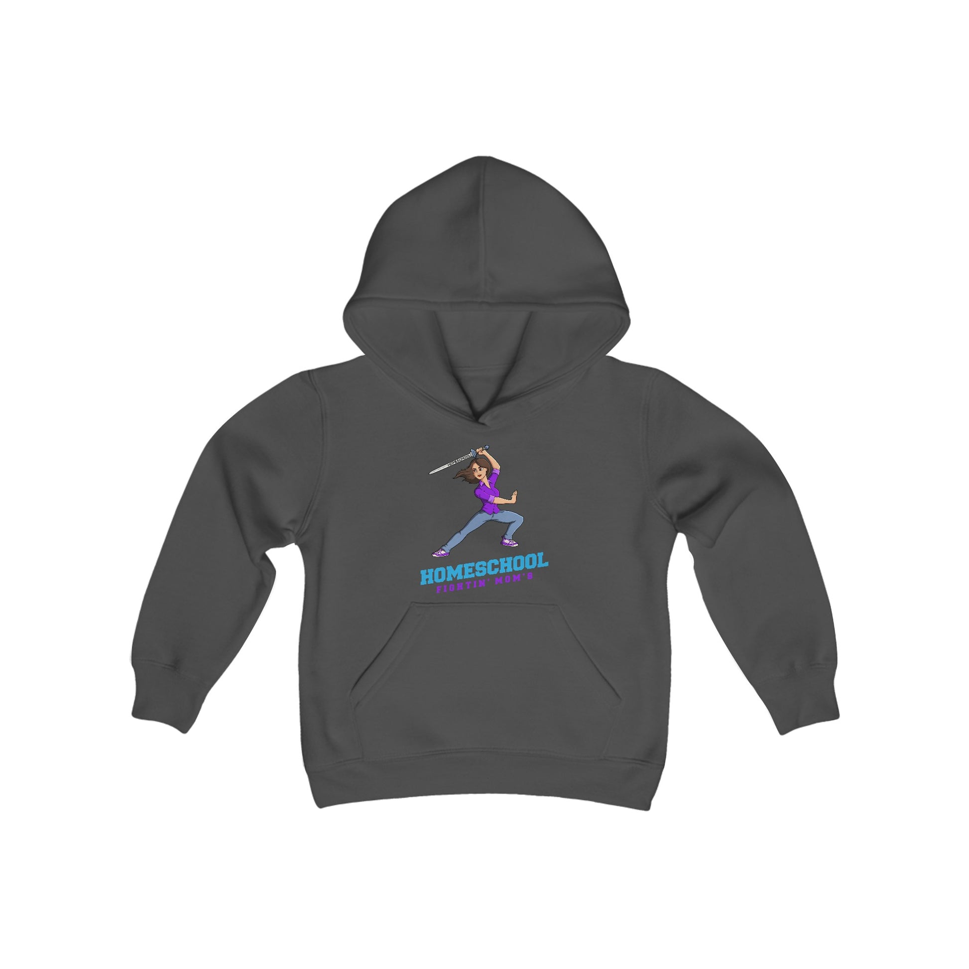 a dark grey hoodie with the slogan homeschool fighitin mom's a cartoon of a young woman with cleverly branding a sword
