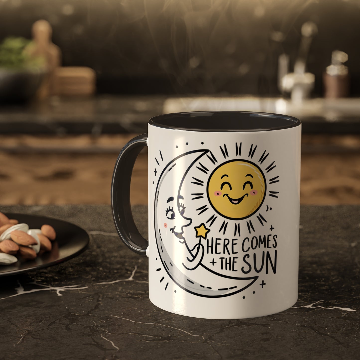 the happy cresent moon greet the rising sun on a mug with the slogan here comes the sun