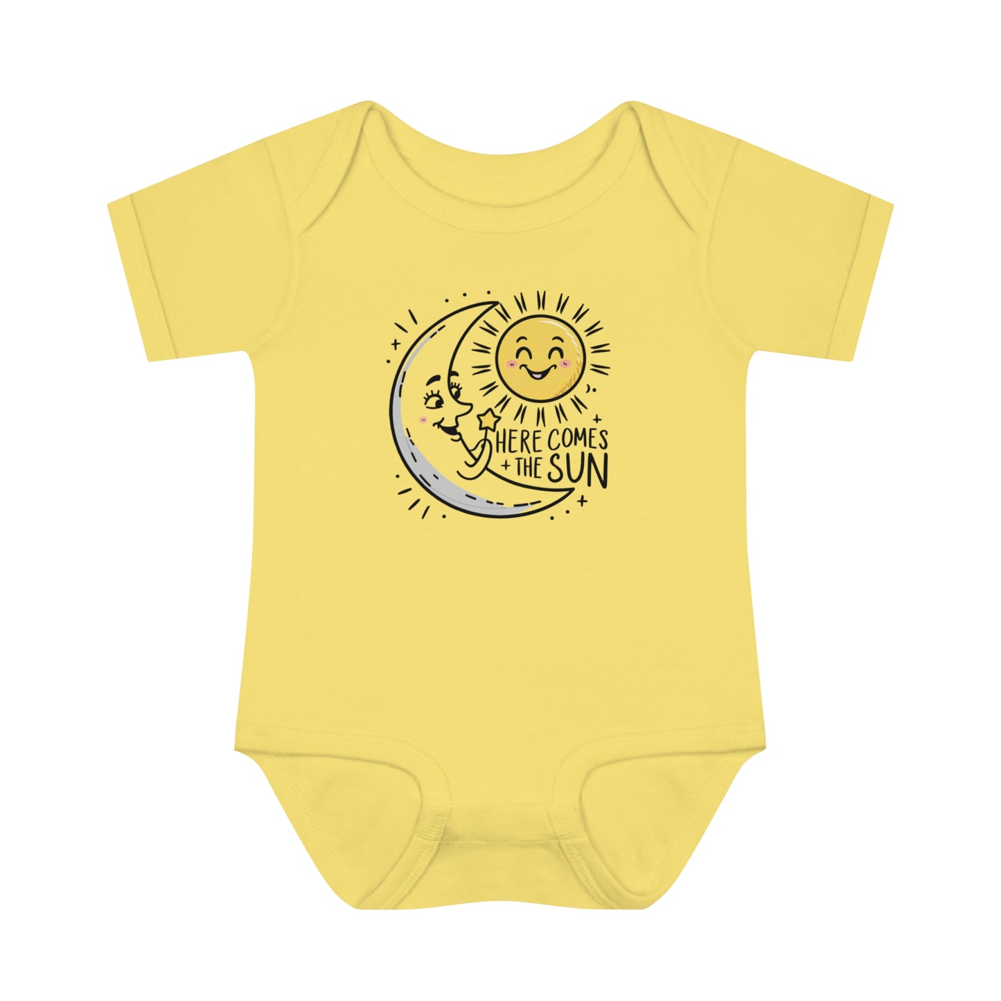 a onesie with the moon greeting the sun with the caption here comes the sun