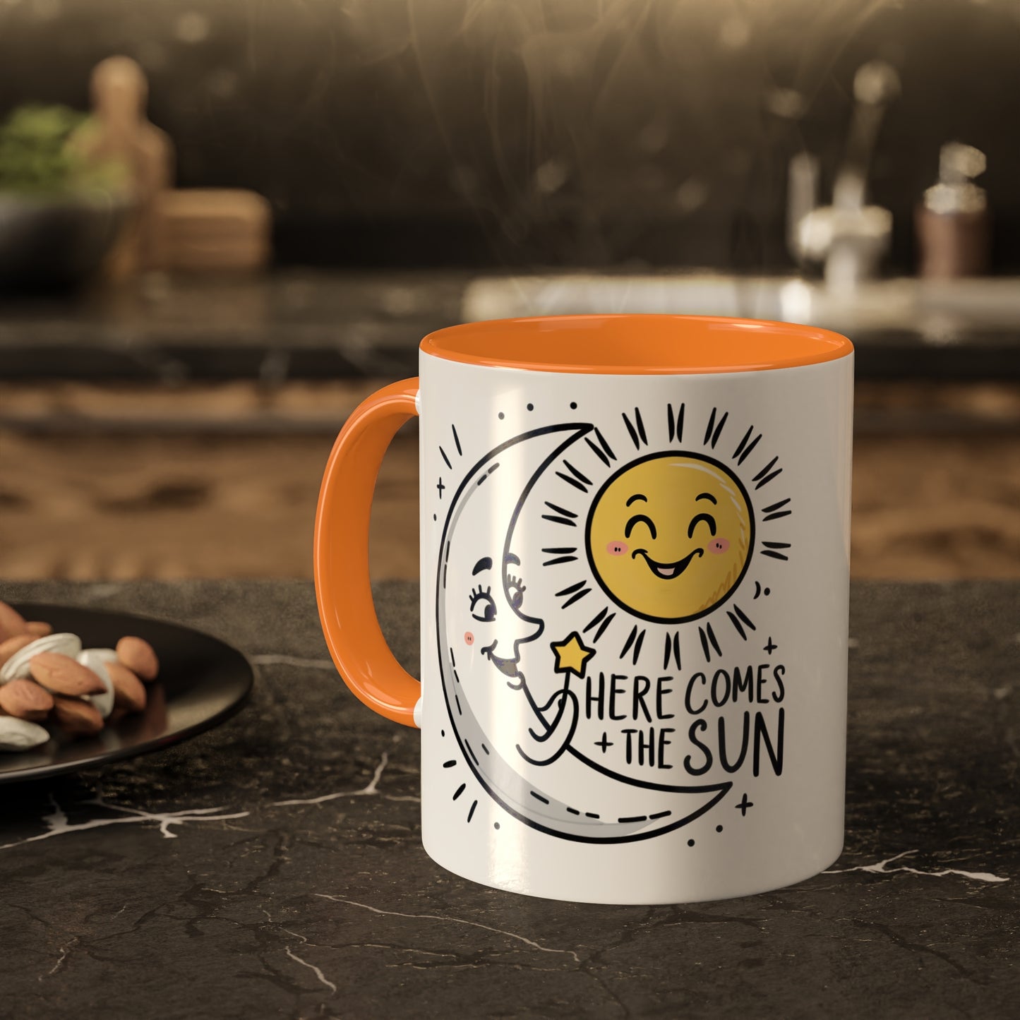 the happy cresent moon greet the rising sun on a mug with the slogan here comes the sun