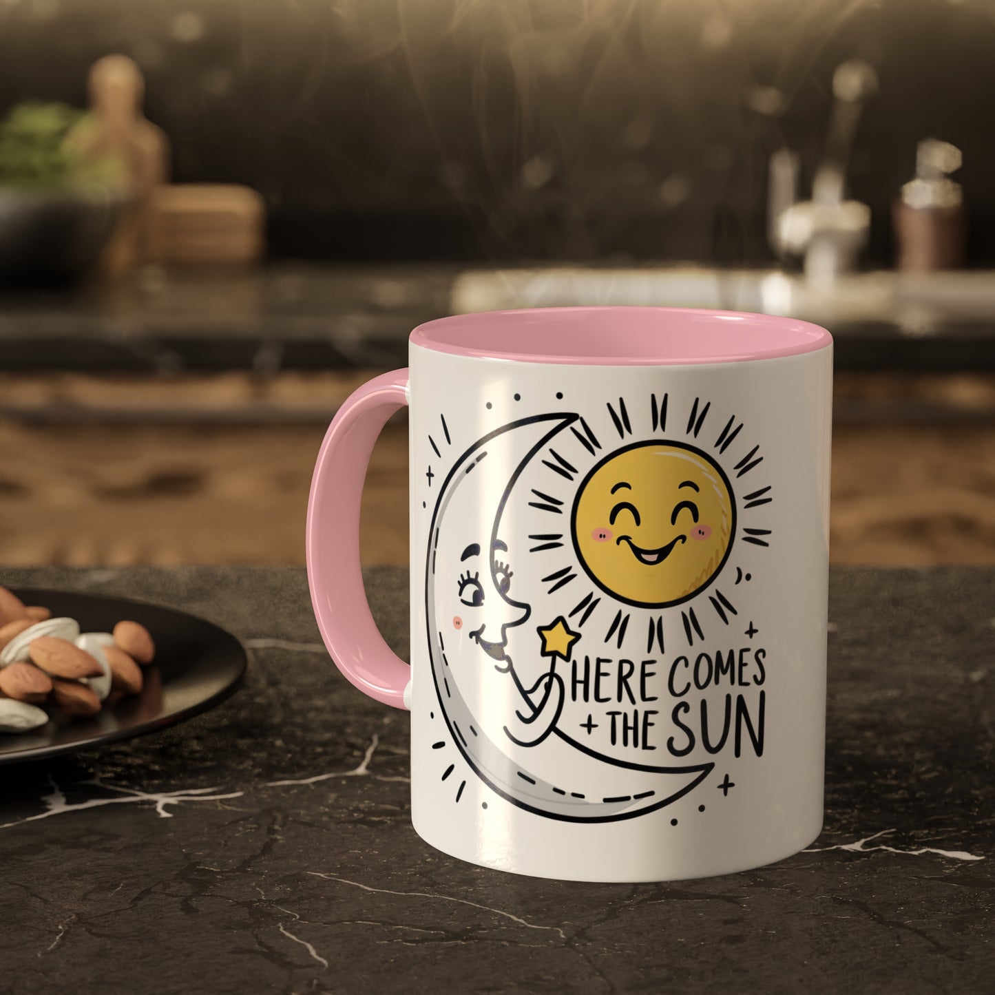 the happy cresent moon greet the rising sun on a mug with the slogan here comes the sun