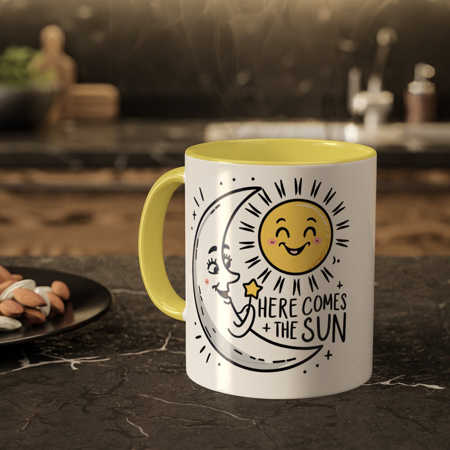 the happy cresent moon greet the rising sun on a mug with the slogan here comes the sun