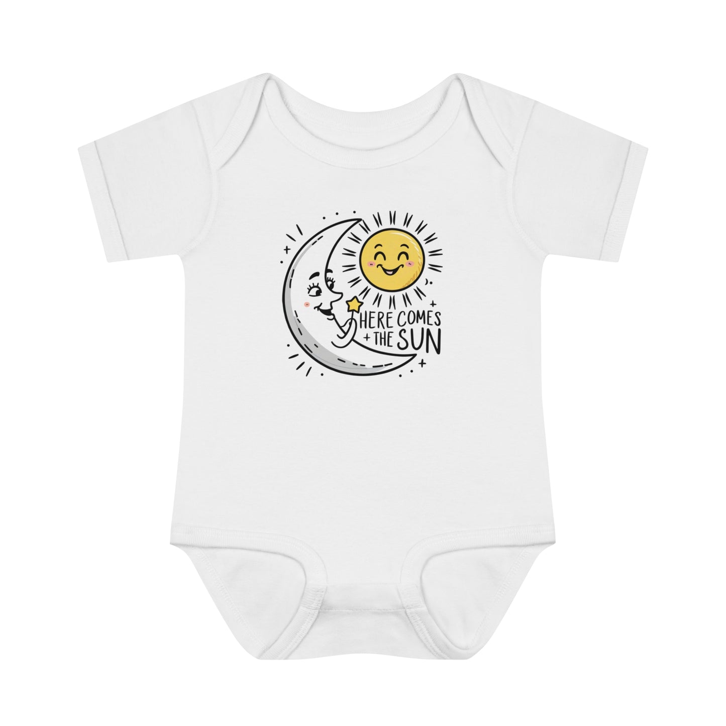 a onesie with the moon greeting the sun with the caption here comes the sun