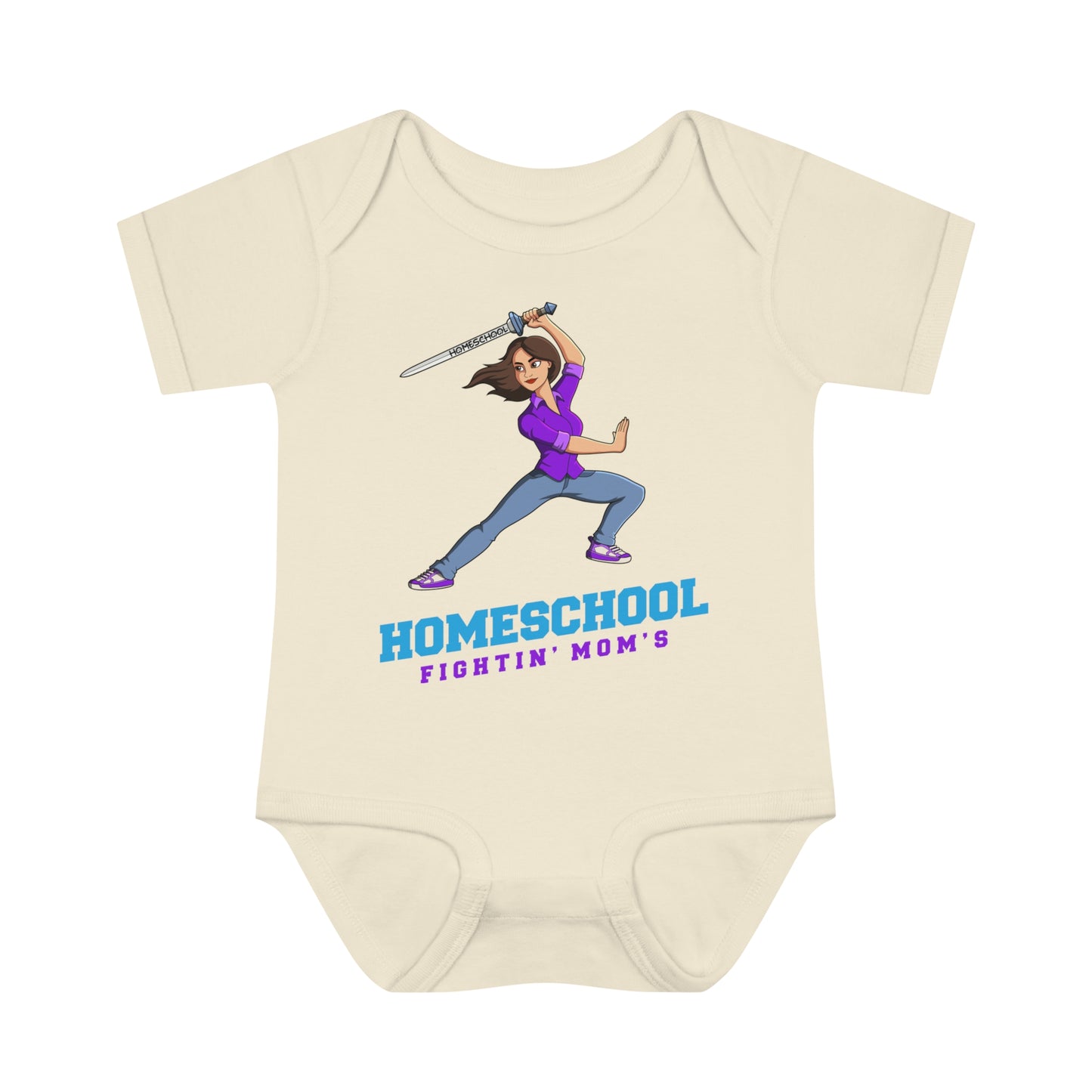 a beige onesie with the slogan homeschool fighitin mom's a cartoon of a young woman with cleverly branding a sword