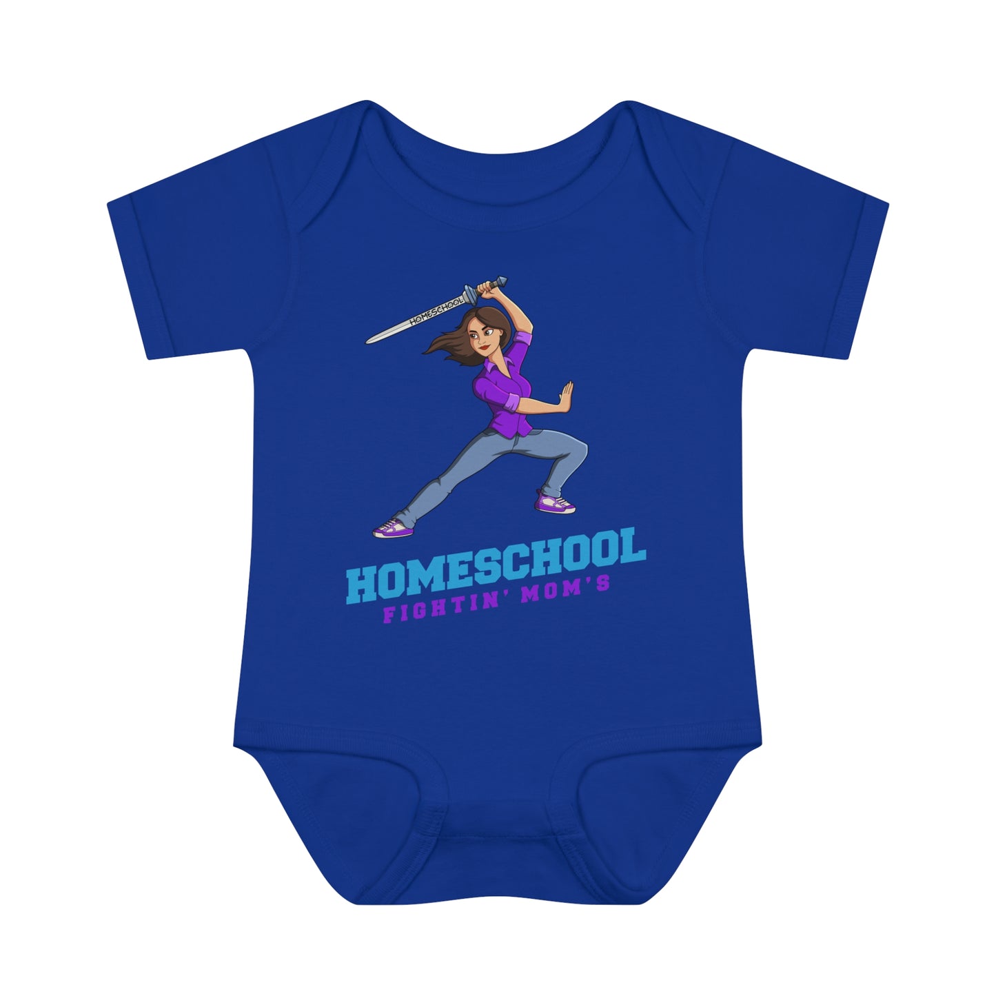 a blue onesie with the slogan homeschool fighitin mom's a cartoon of a young woman with cleverly branding a sword