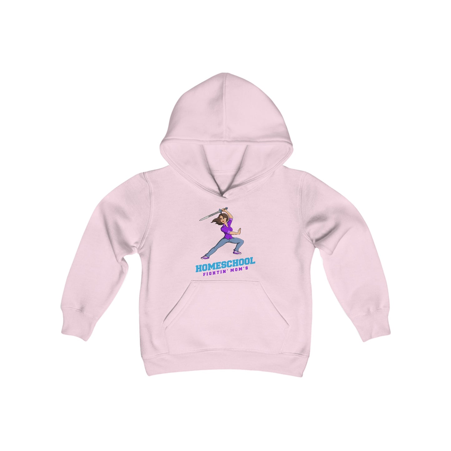 a pink hoodie with the slogan homeschool fighitin mom's a cartoon of a young woman with cleverly branding a sword