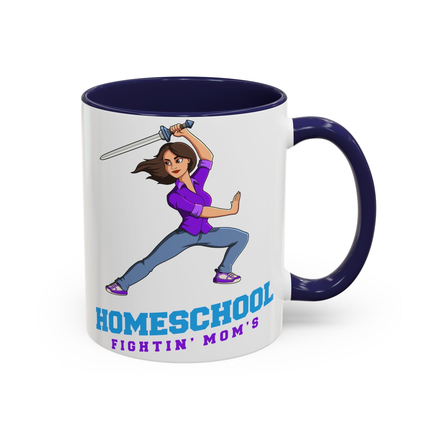a boy enjoys a cup of hot cocoa. On the cup the slogan Homeschool Fightin' Mom's a confident cartoon mom raises her sword