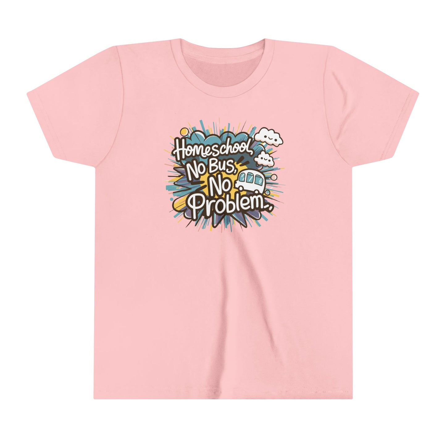 a kids shirt with the slogan homeschool no bus no problem a bus sputters away in the background