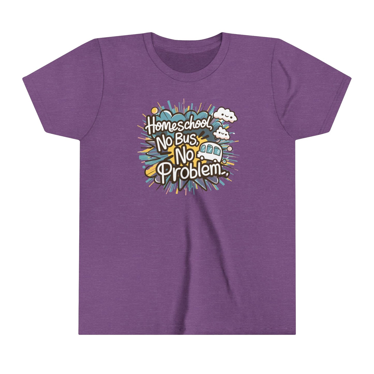 a kids shirt with the slogan homeschool no bus no problem a bus sputters away in the background